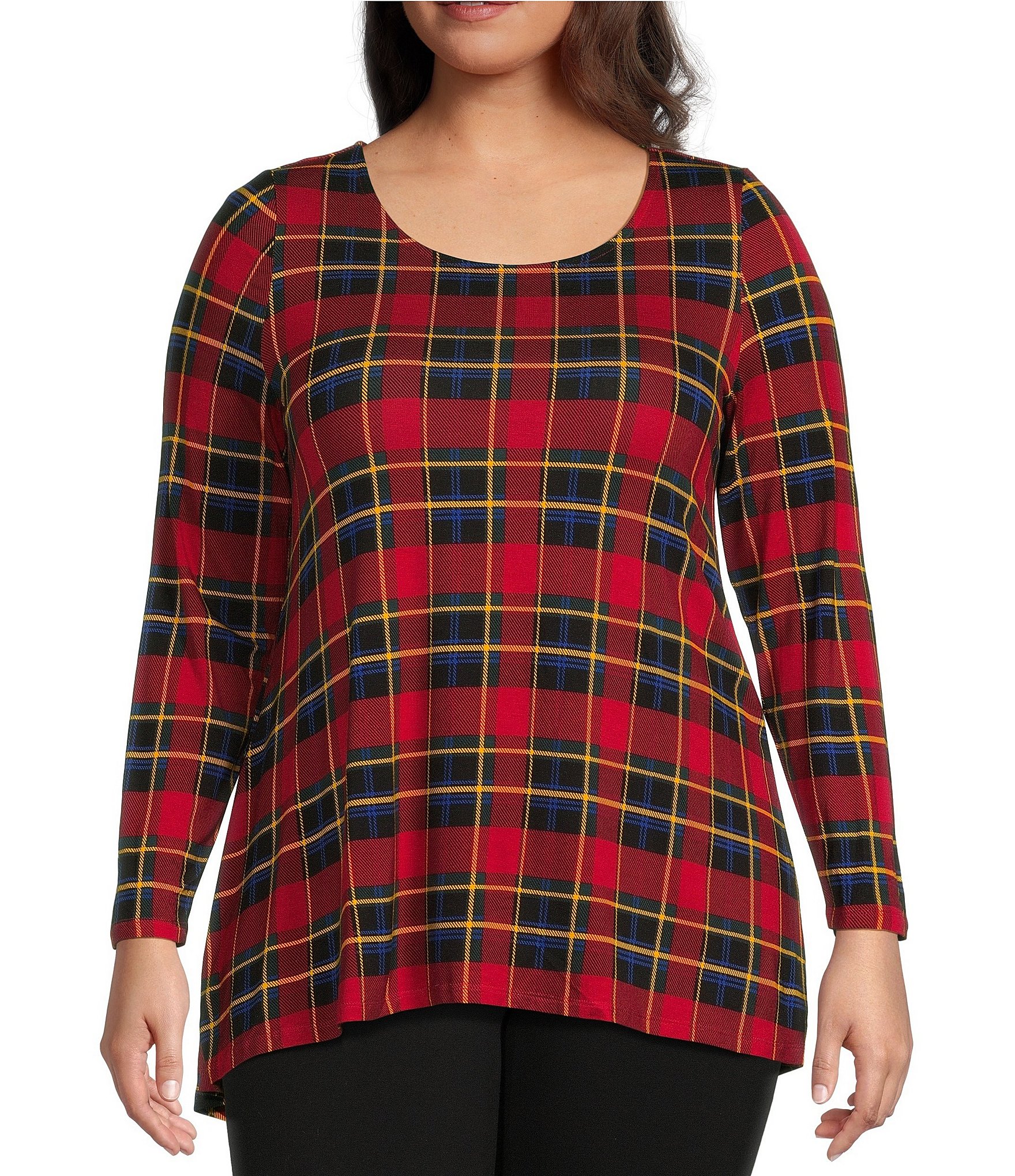 Intro Plus Size Plaid Scoop Neck Long Sleeve Pleated Back High-Low Hem ...