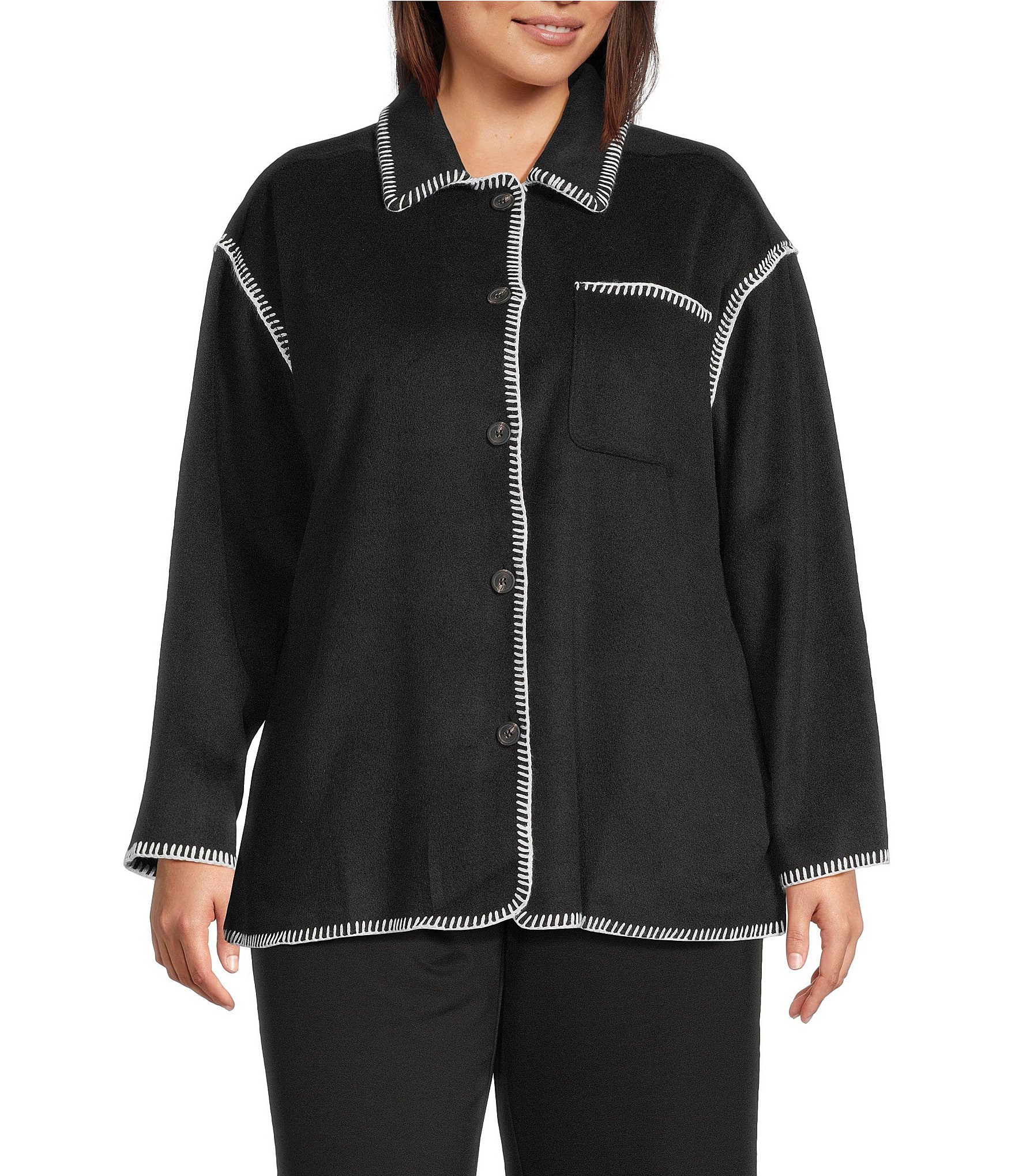 Intro Plus Size Point Collar Long Sleeve Embroidered Whipstitch Button Front Shirt Jacket