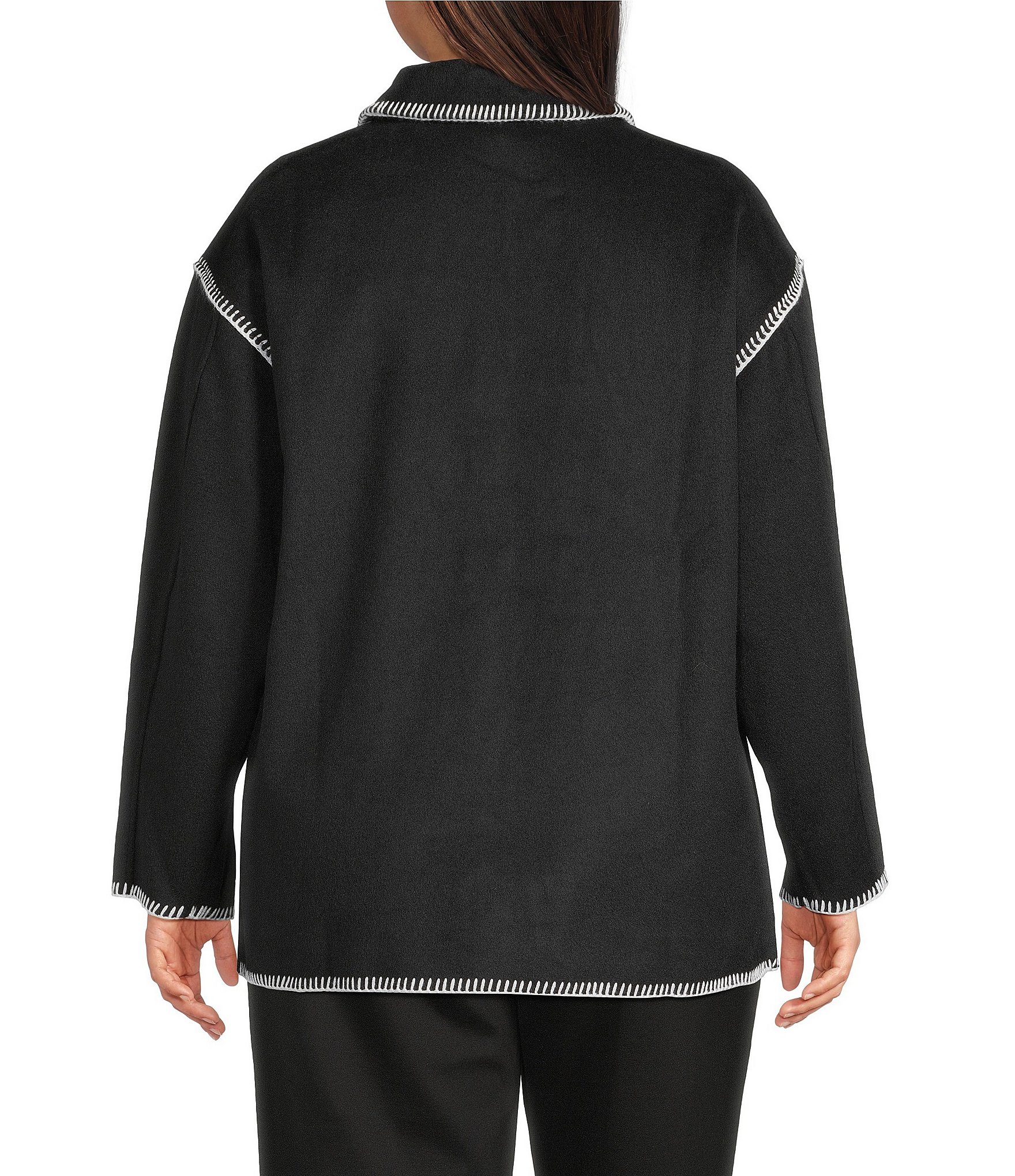 Intro Plus Size Point Collar Long Sleeve Embroidered Whipstitch Button Front Shirt Jacket