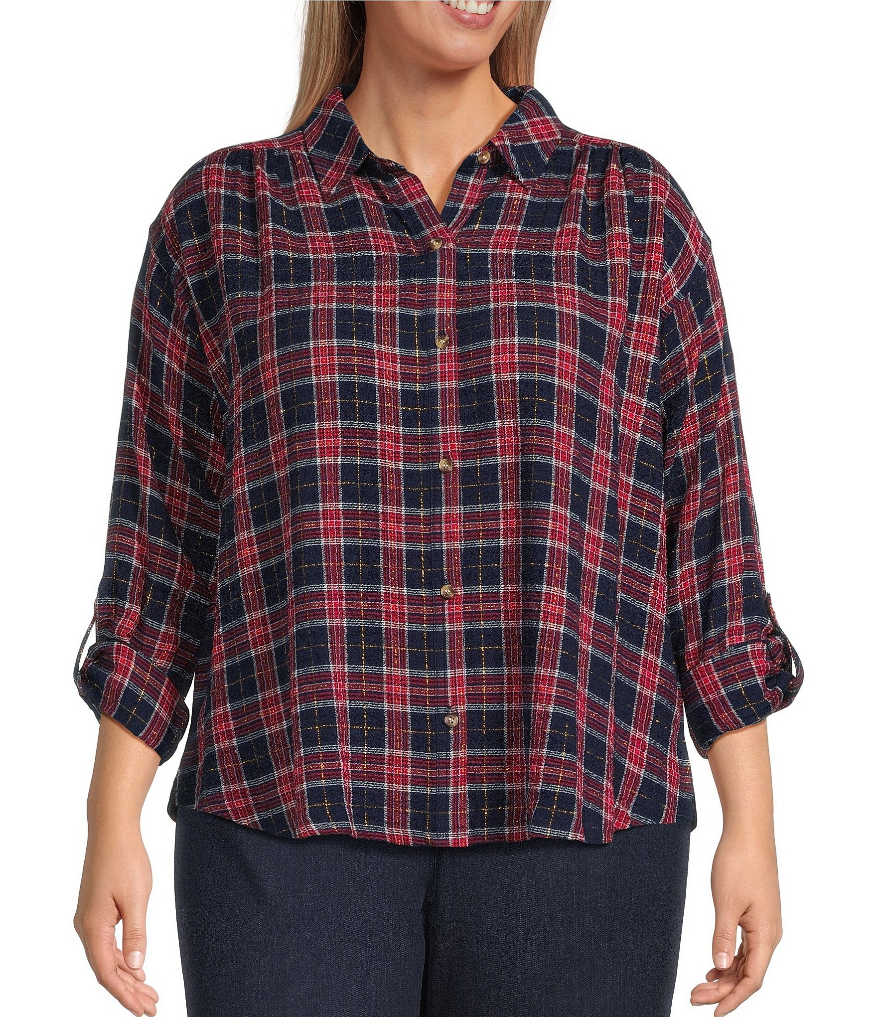 Intro Plus Size Pucker Plaid Ink Point Collar Long Sleeve Button Front Swing Shirt