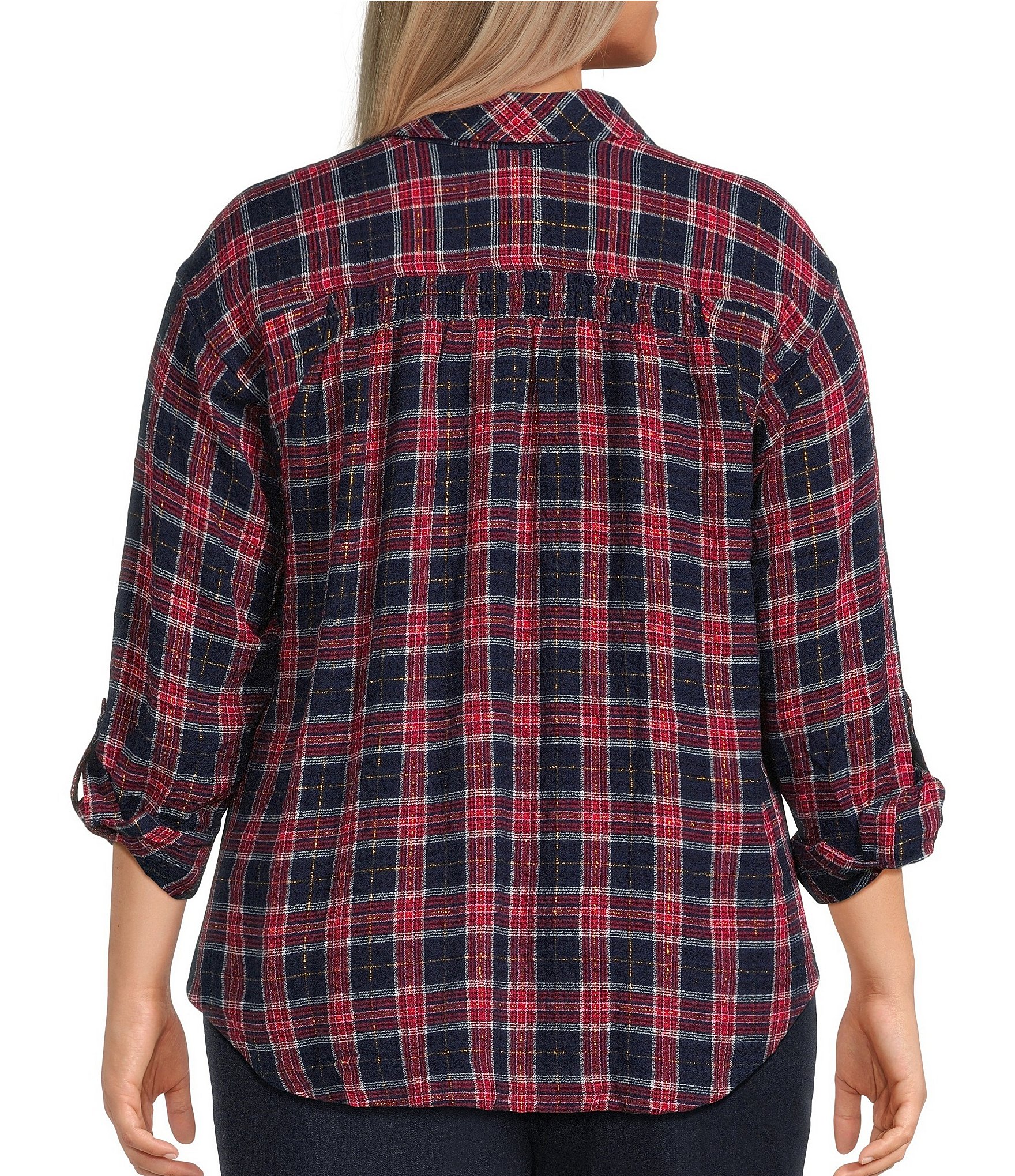 Intro Plus Size Pucker Plaid Ink Point Collar Long Sleeve Button Front Swing Shirt