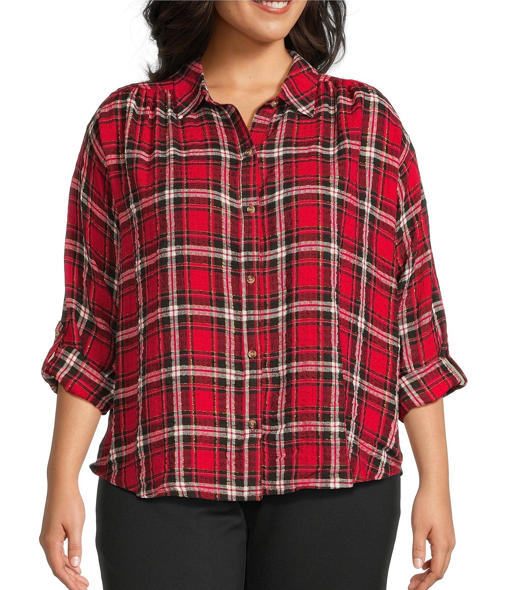 Intro Plus Size Pucker Plaid Point Collar Long Sleeve Button Front Swing Shirt