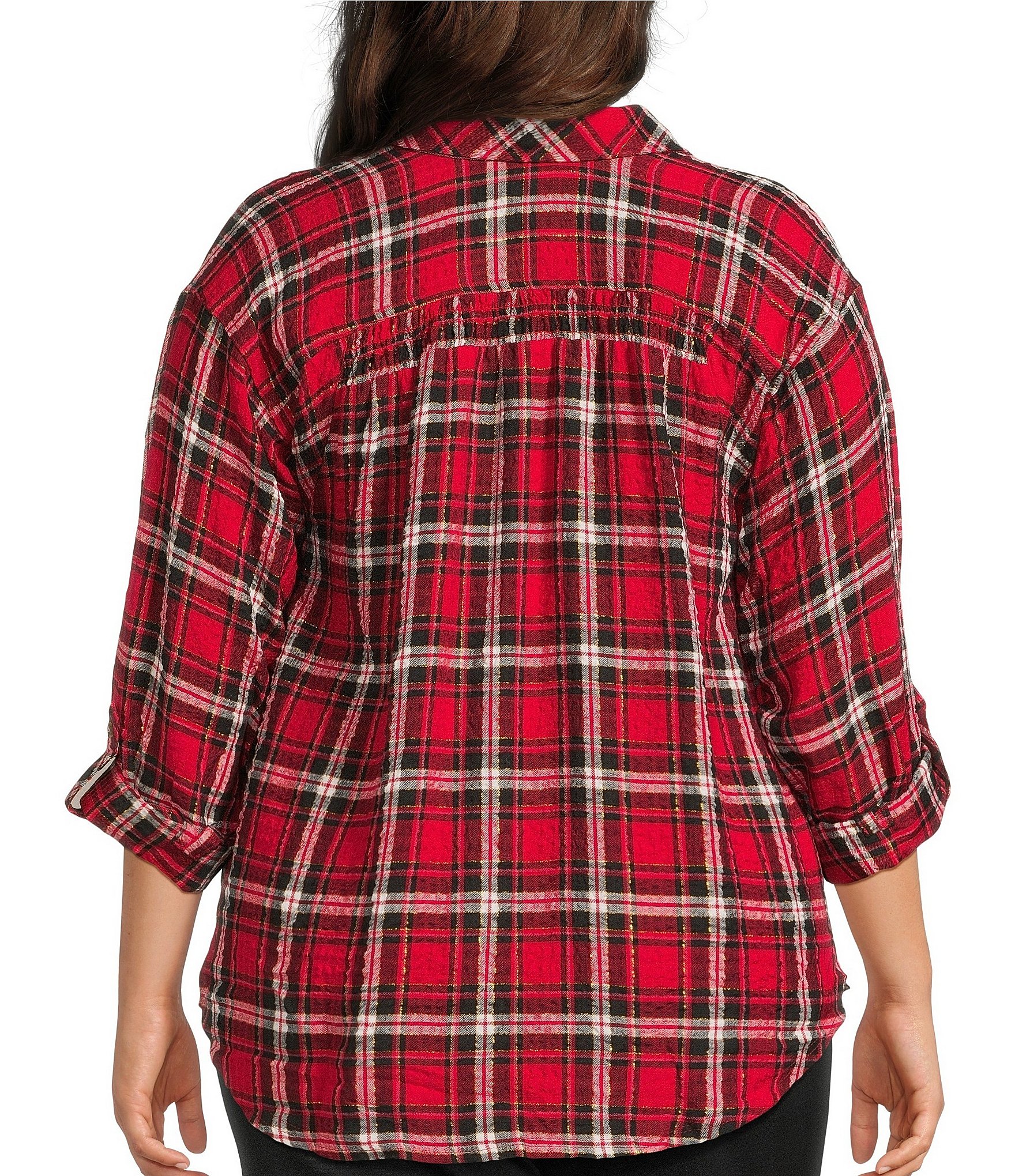 Intro Plus Size Pucker Plaid Point Collar Long Sleeve Button Front Swing Shirt