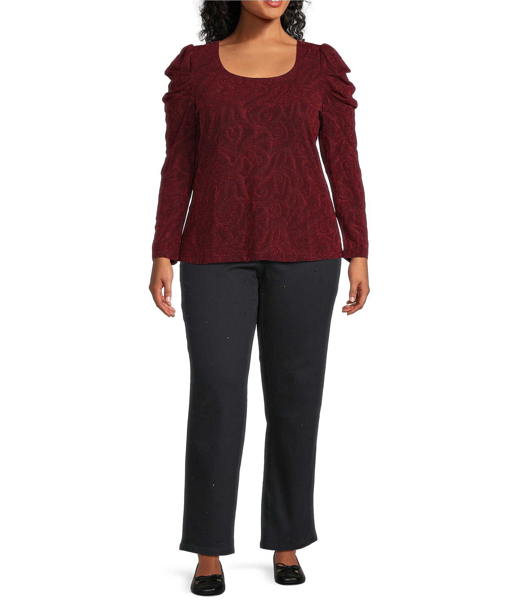 Intro Plus Size Red Lurex Scoop Neck Long Sleeve Knit Top