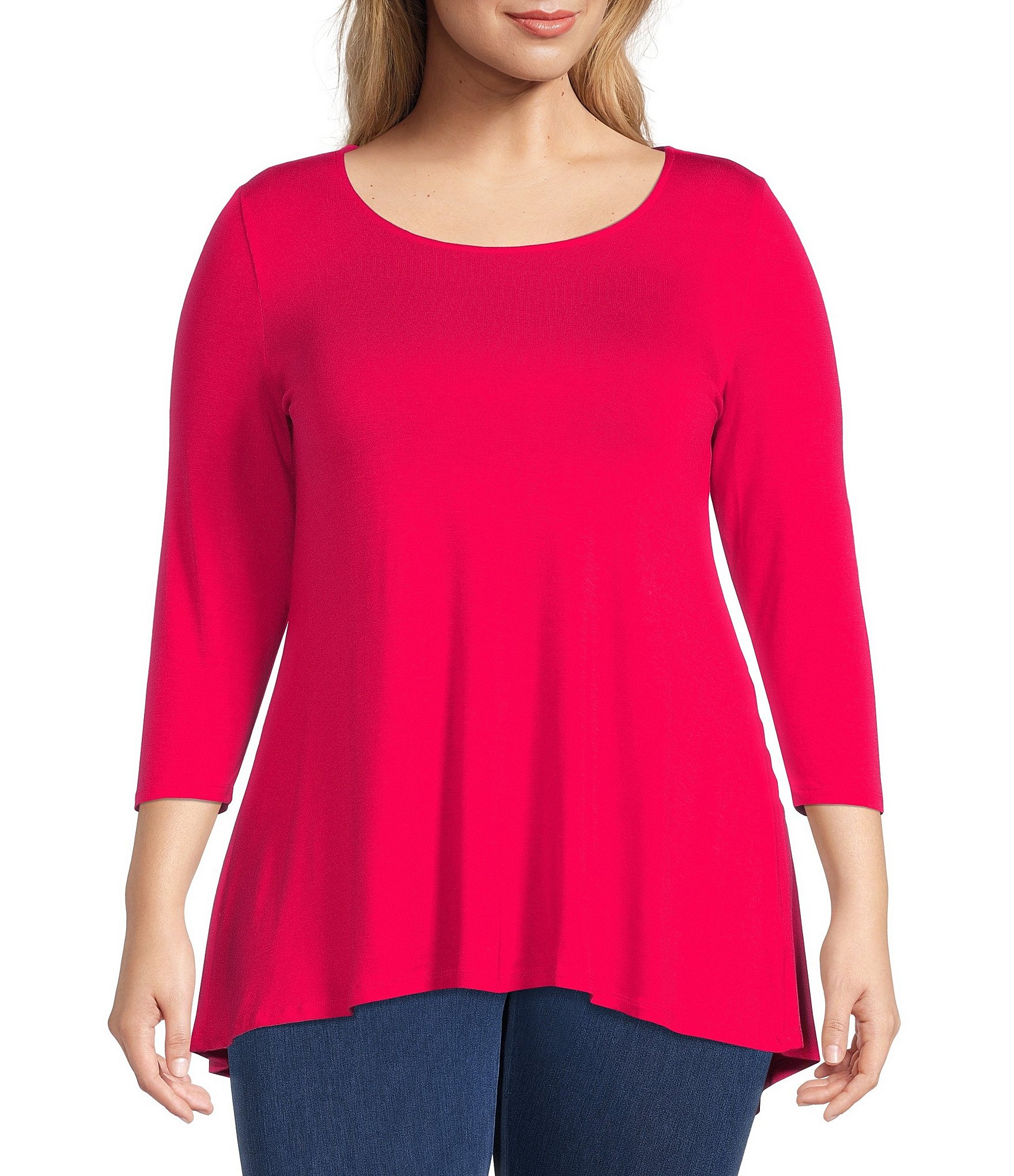 Intro Plus Size Scoop Neck 3/4 Sleeve Pleat Back High-Low Hem