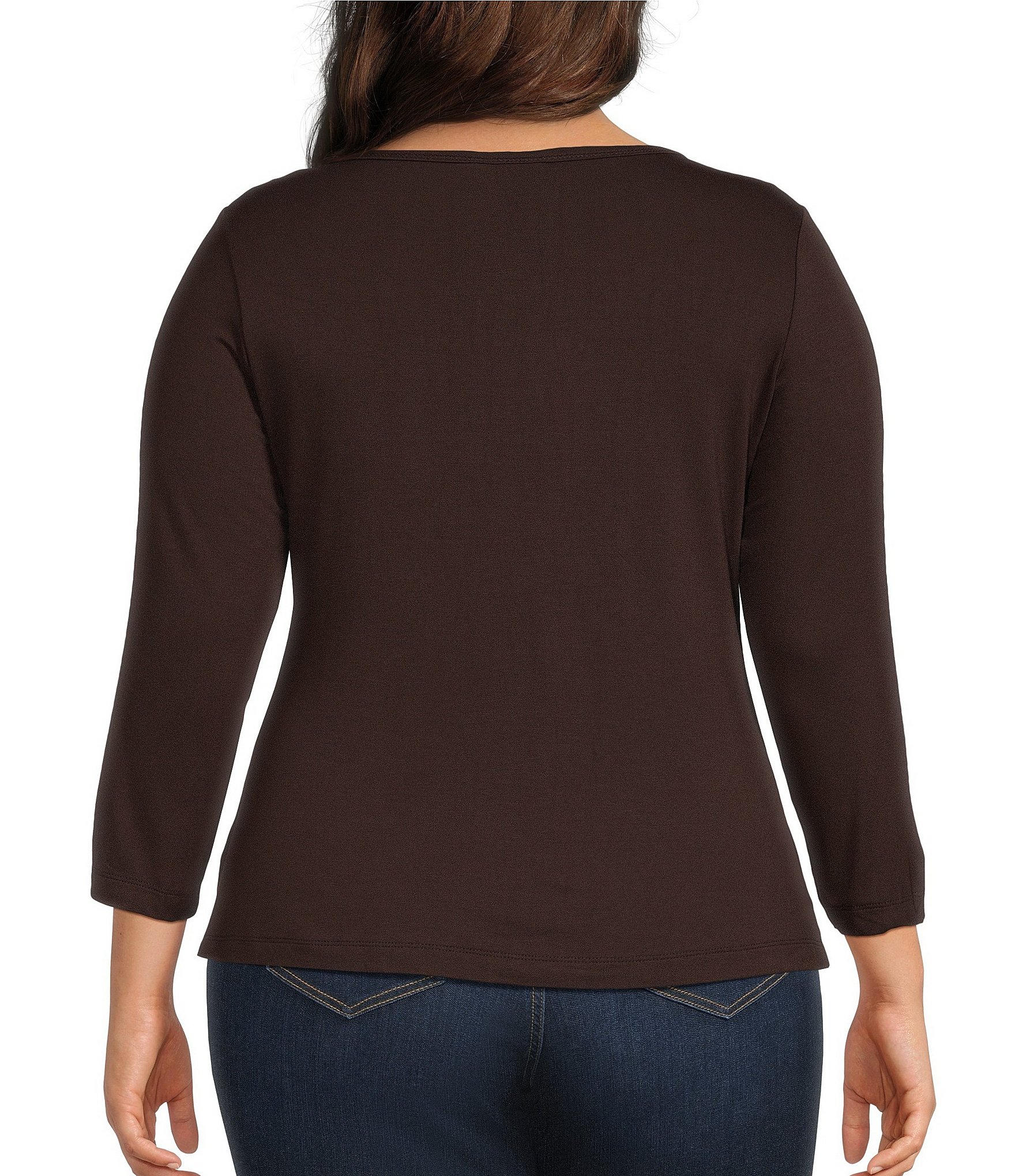 Intro Plus Size V-Neck 3/4 Sleeve Shirred Front Faux Placket Tee