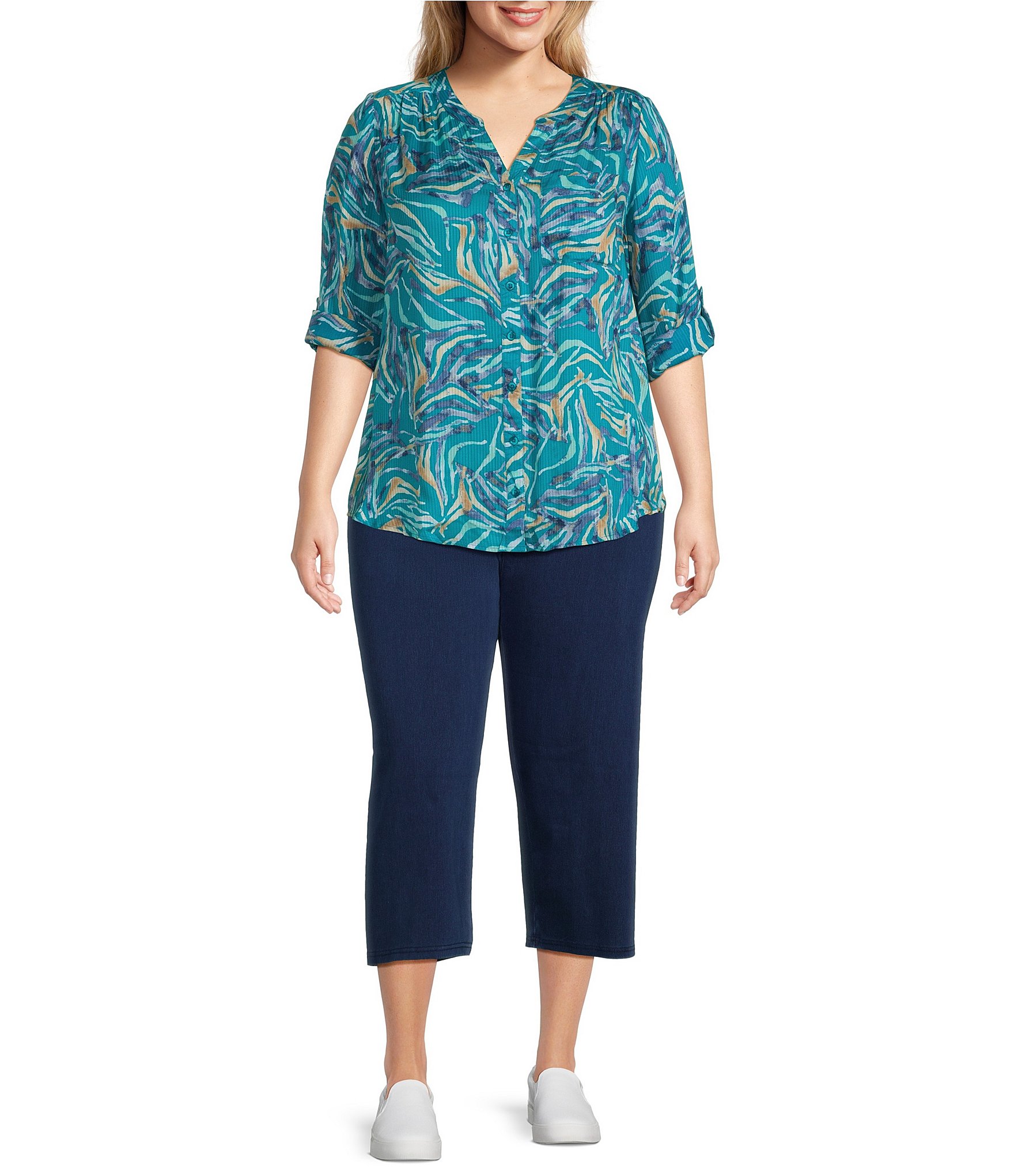 Intro Plus Size Woven Mosaic Blue Split V-Neck 3/4 Roll-Tab Sleeve Button Front Shirt