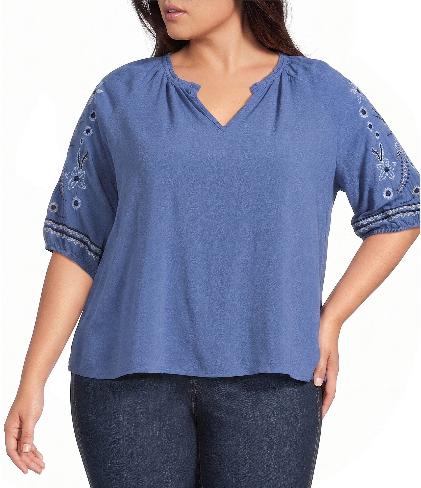 Intro Plus Size Woven Split Ruffle V-Neck Embroidered Elbow Length Sleeve Top