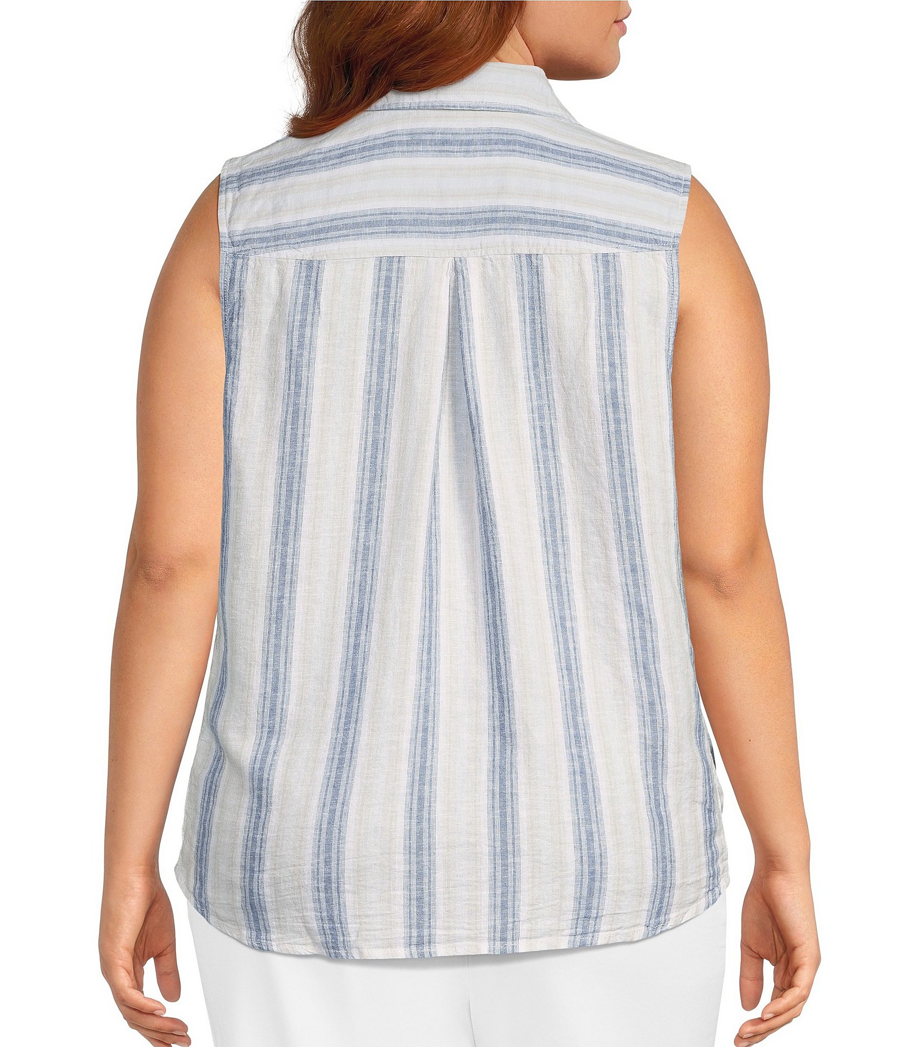Intro Plus Size Woven Stripe Point Collar Sleeveless Button-Front Tie Hem Shirt