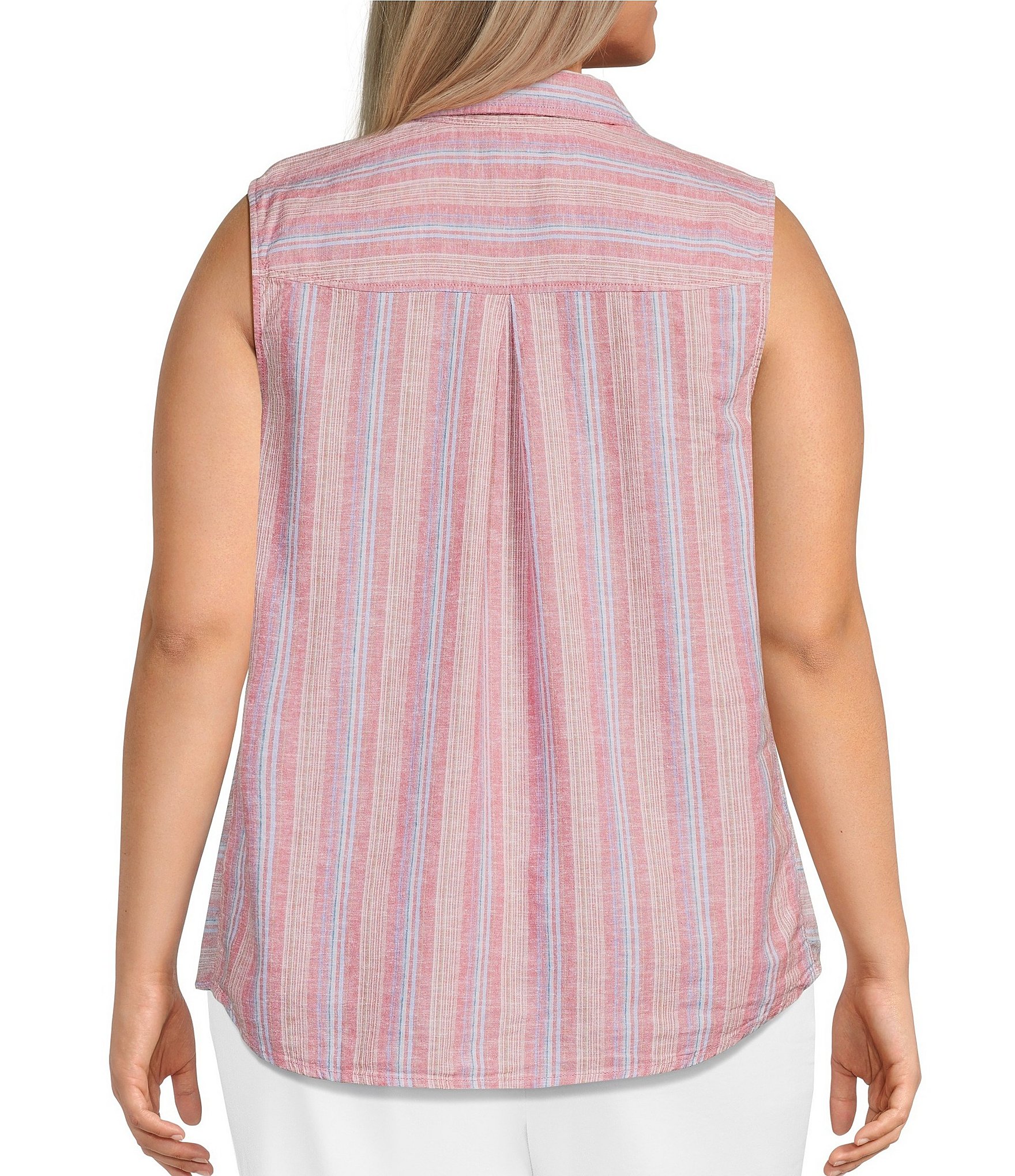 Intro Plus Size Woven Stripe Point Collar Sleeveless Button-Front Tie Hem Shirt