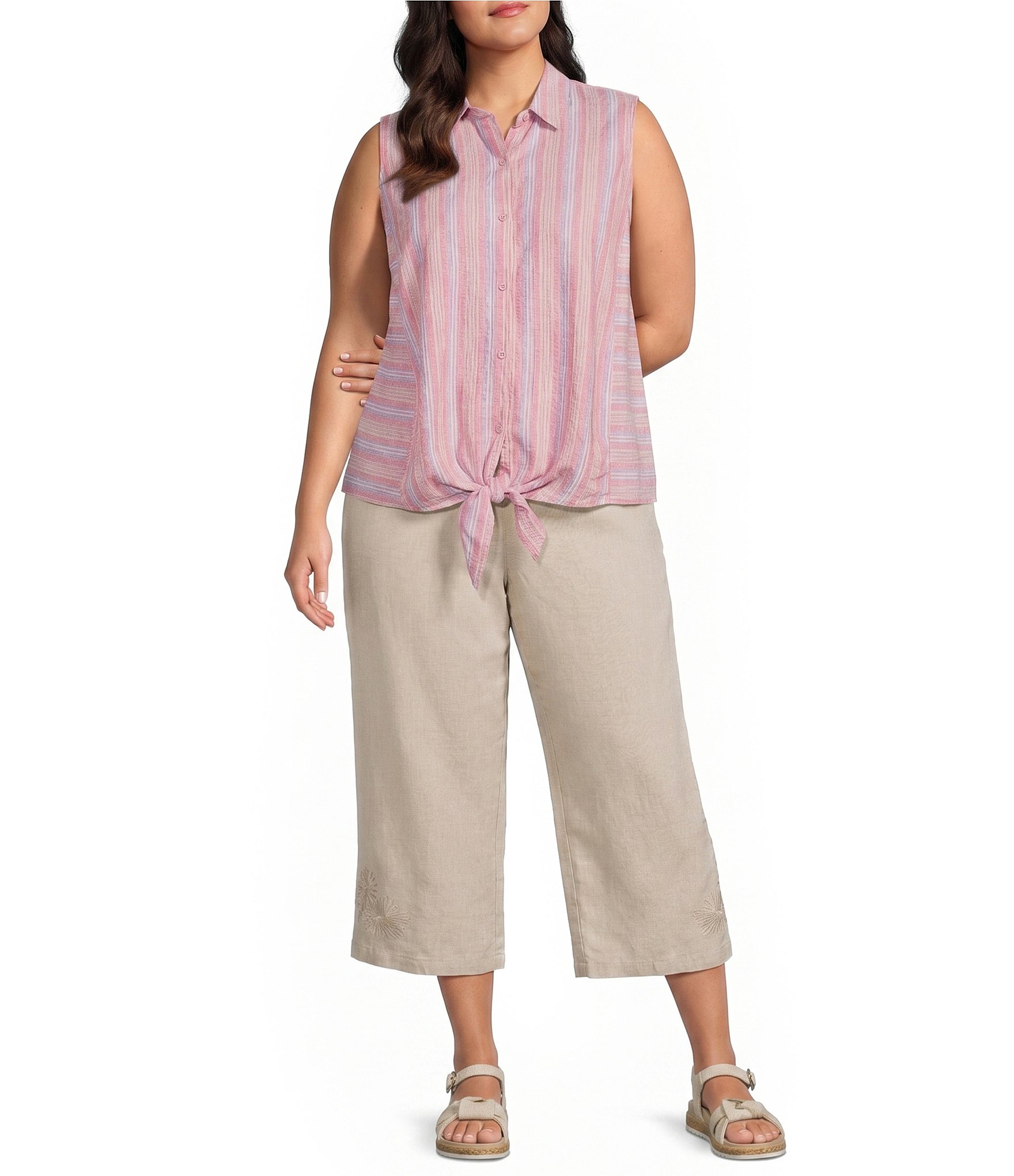 Intro Plus Size Woven Stripe Point Collar Sleeveless Button-Front Tie Hem Shirt