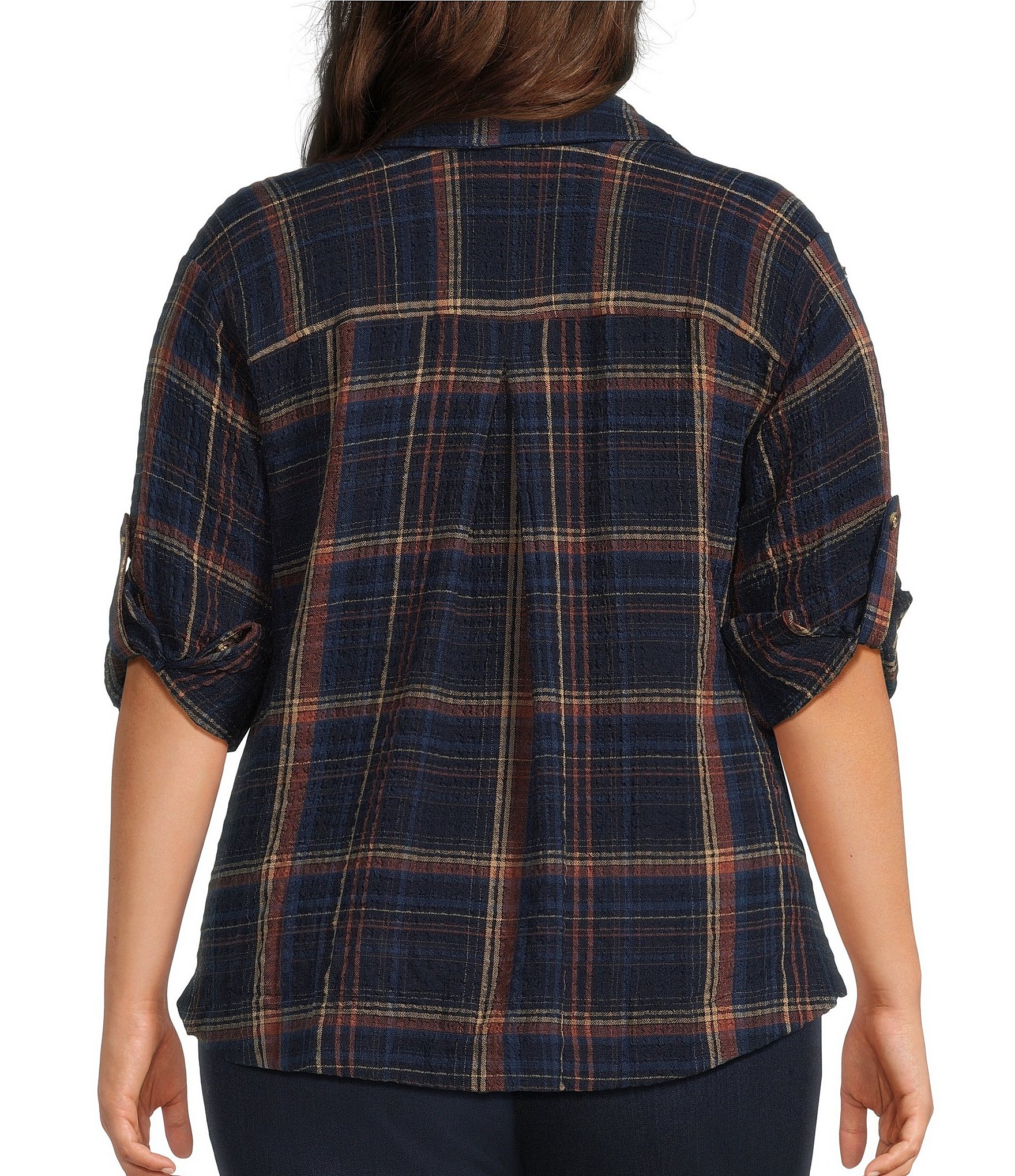 Intro Plus Woven Point Navy Beat Plaid Print Collar Long Roll-Tab Sleeve Button-Front Denim Shirt