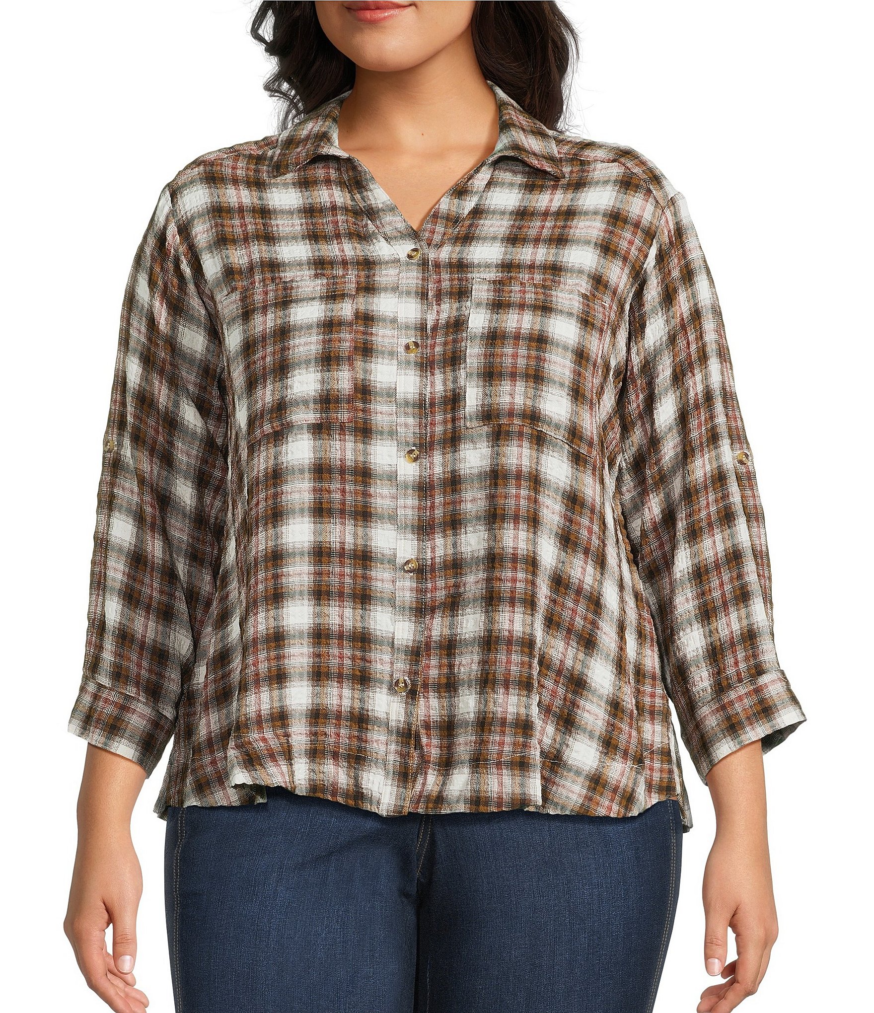 Intro Plus Woven Point Navy Beat Plaid Print Collar Long Roll-Tab Sleeve Button-Front Shirt