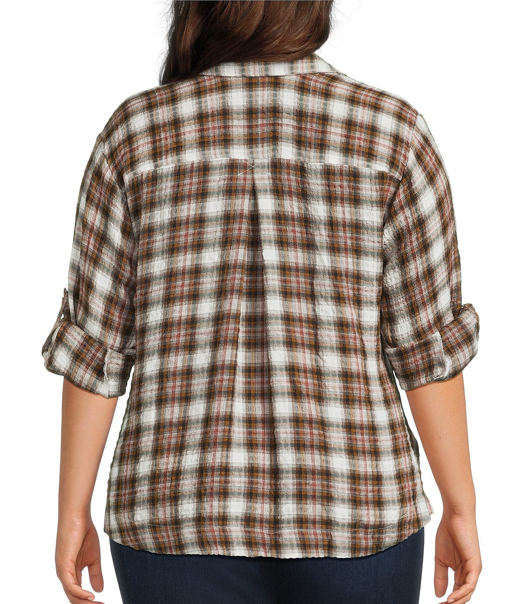 Intro Plus Woven Point Navy Beat Plaid Print Collar Long Roll-Tab Sleeve Button-Front Shirt