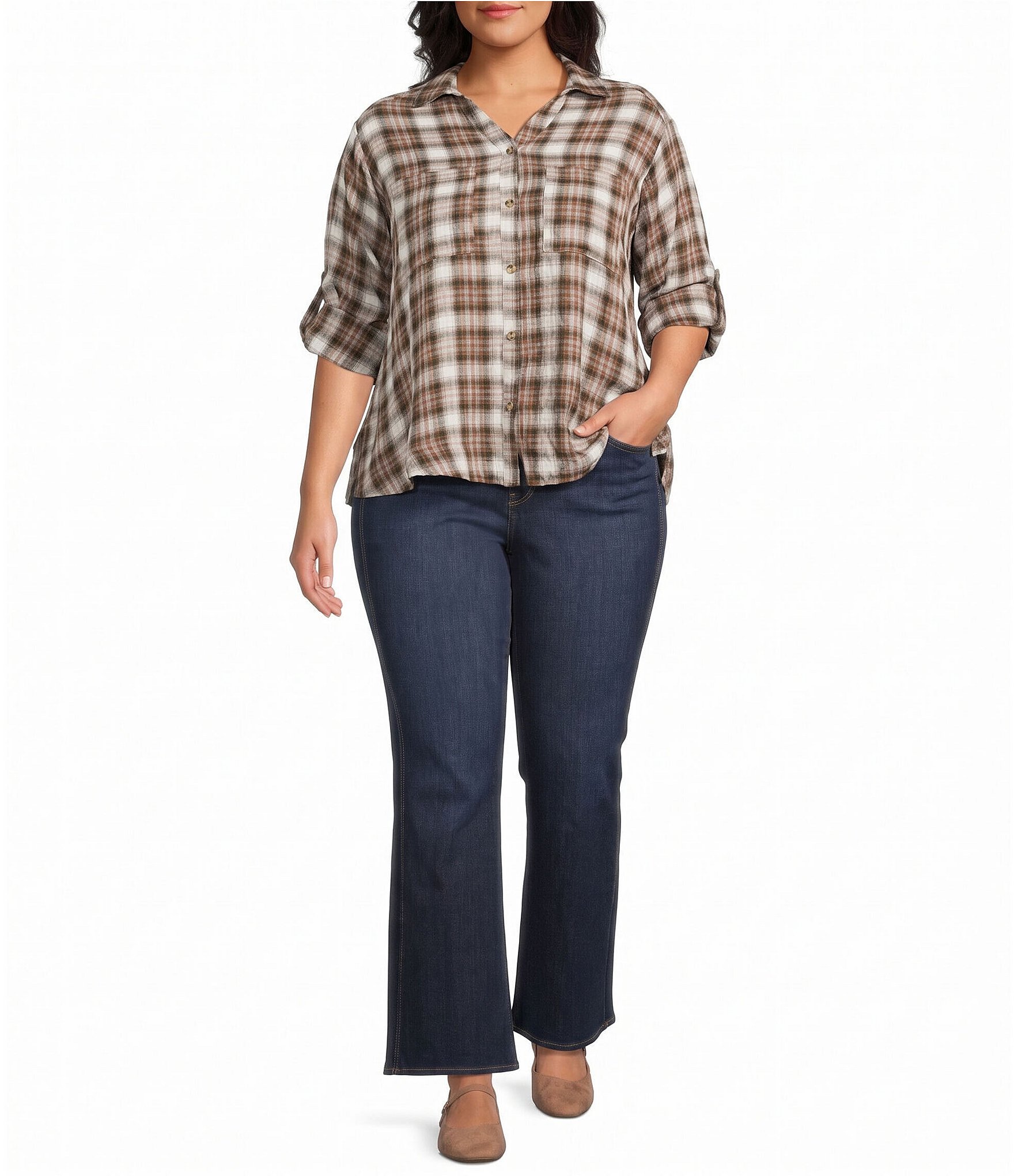 Intro Plus Woven Point Navy Beat Plaid Print Collar Long Roll-Tab Sleeve Button-Front Shirt