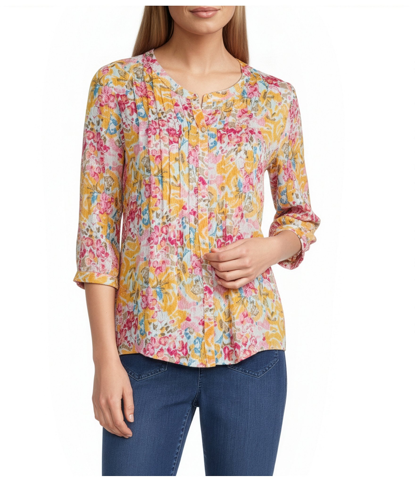 Intro Rapture Rose Pleated Button-Front Blouse