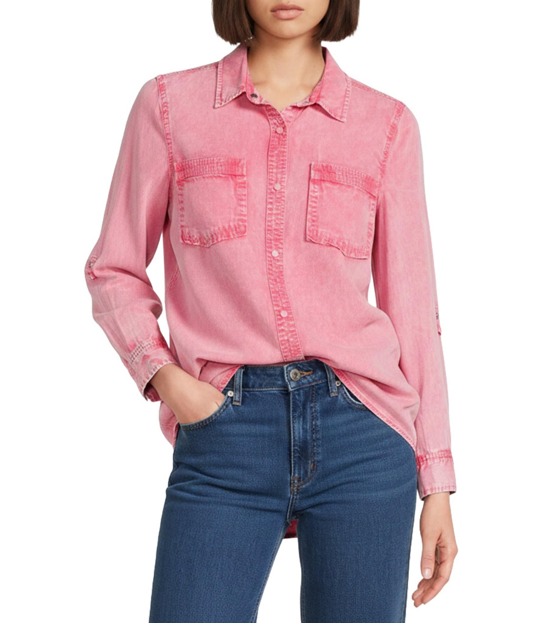 Intro Long Roll-Tab Sleeve Button Front Slub Lyocell Shirt