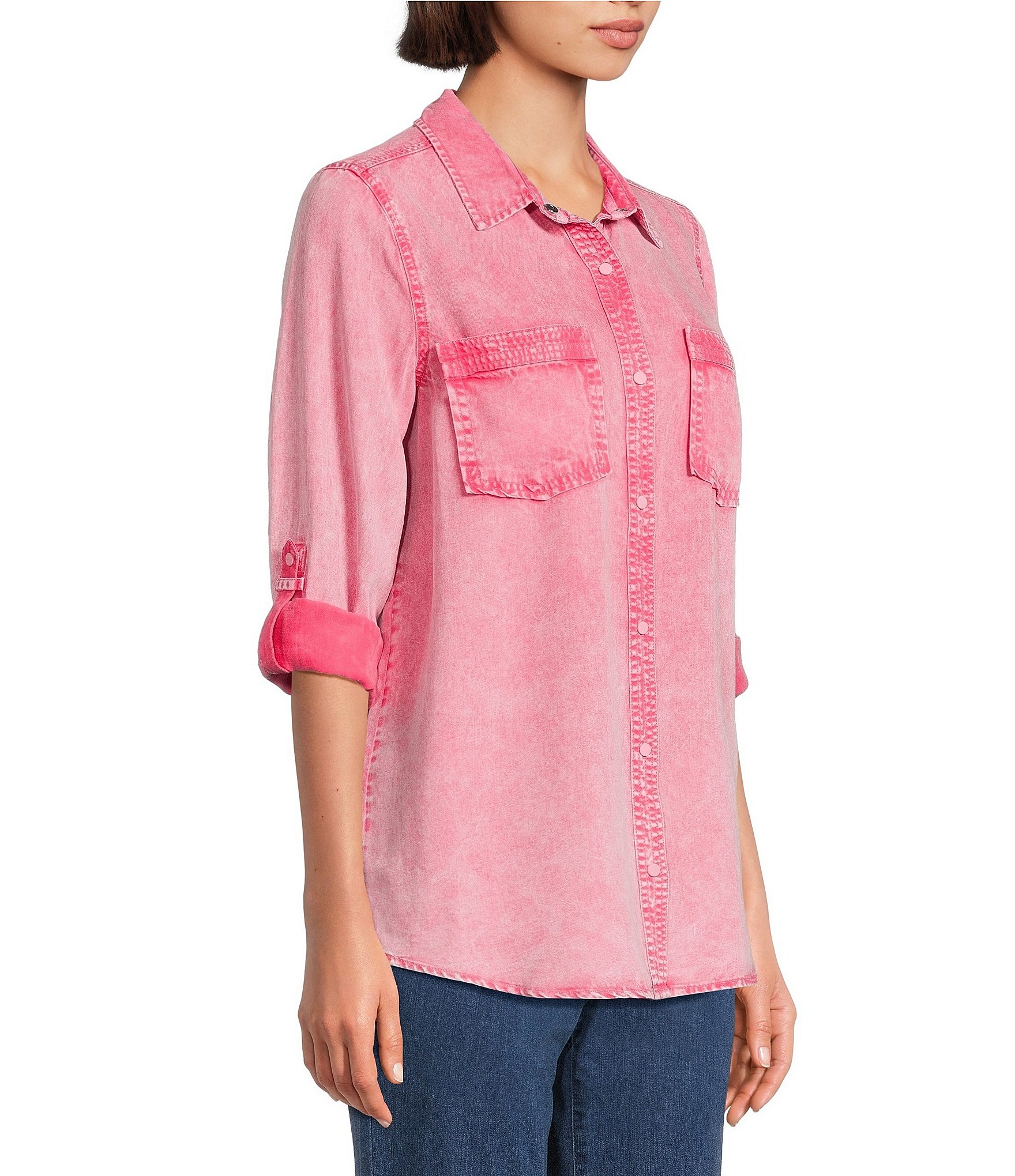 Intro Long Roll-Tab Sleeve Button Front Slub Lyocell Shirt