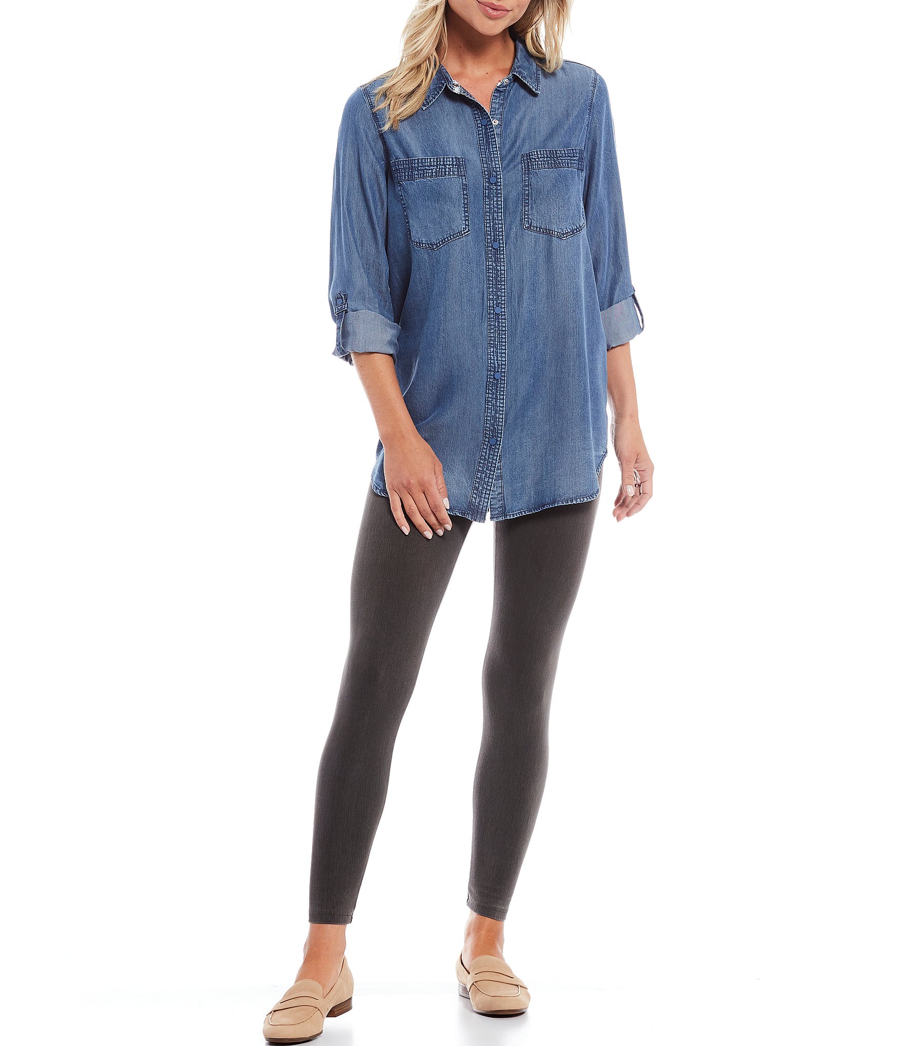 Intro Long Roll-Tab Sleeve Button Front Slub Lyocell Shirt