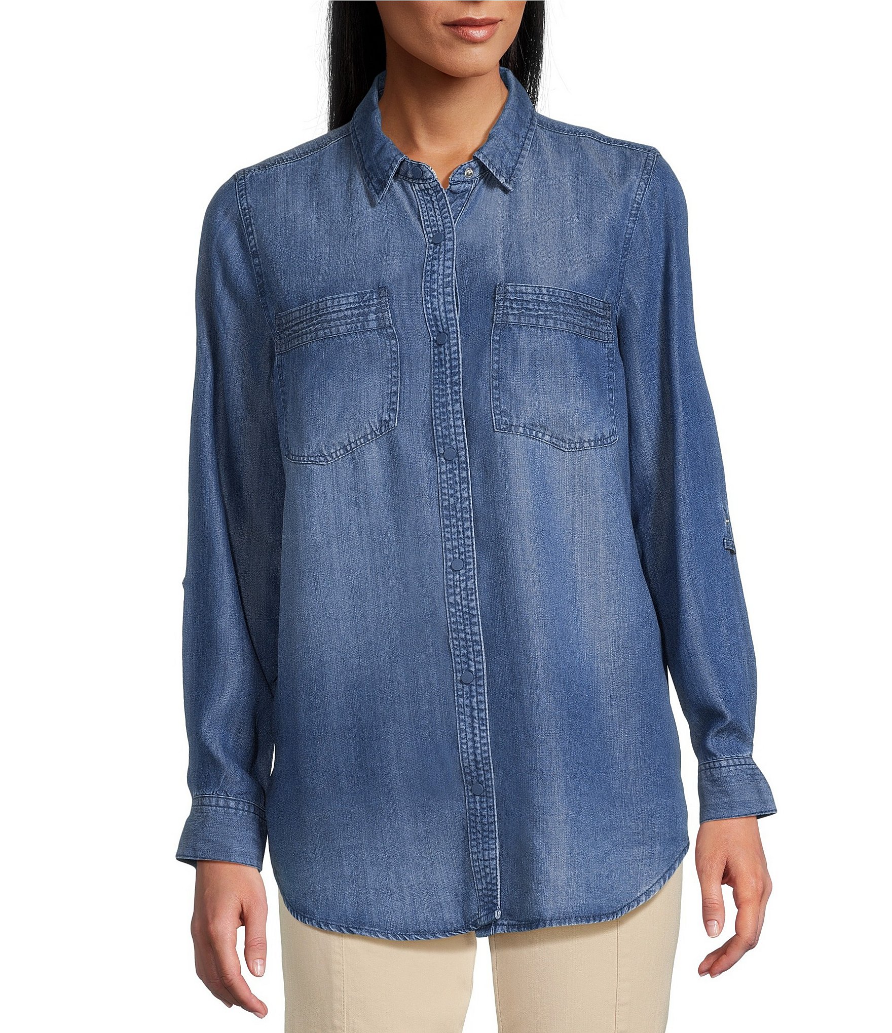 Intro Long Roll-Tab Sleeve Button Front Slub Lyocell Shirt