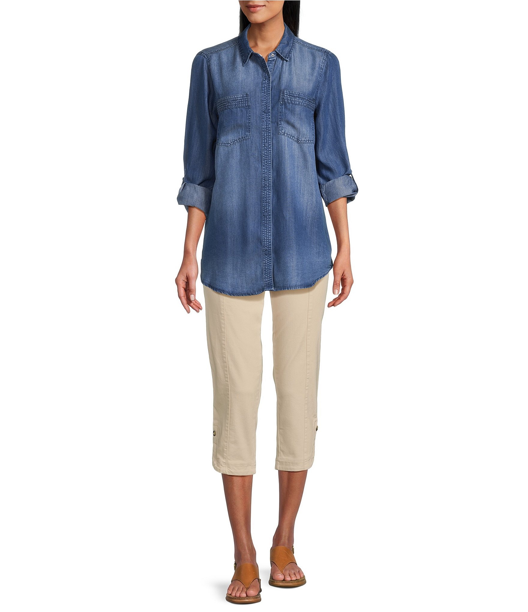 Intro Long Roll-Tab Sleeve Button Front Slub Lyocell Shirt