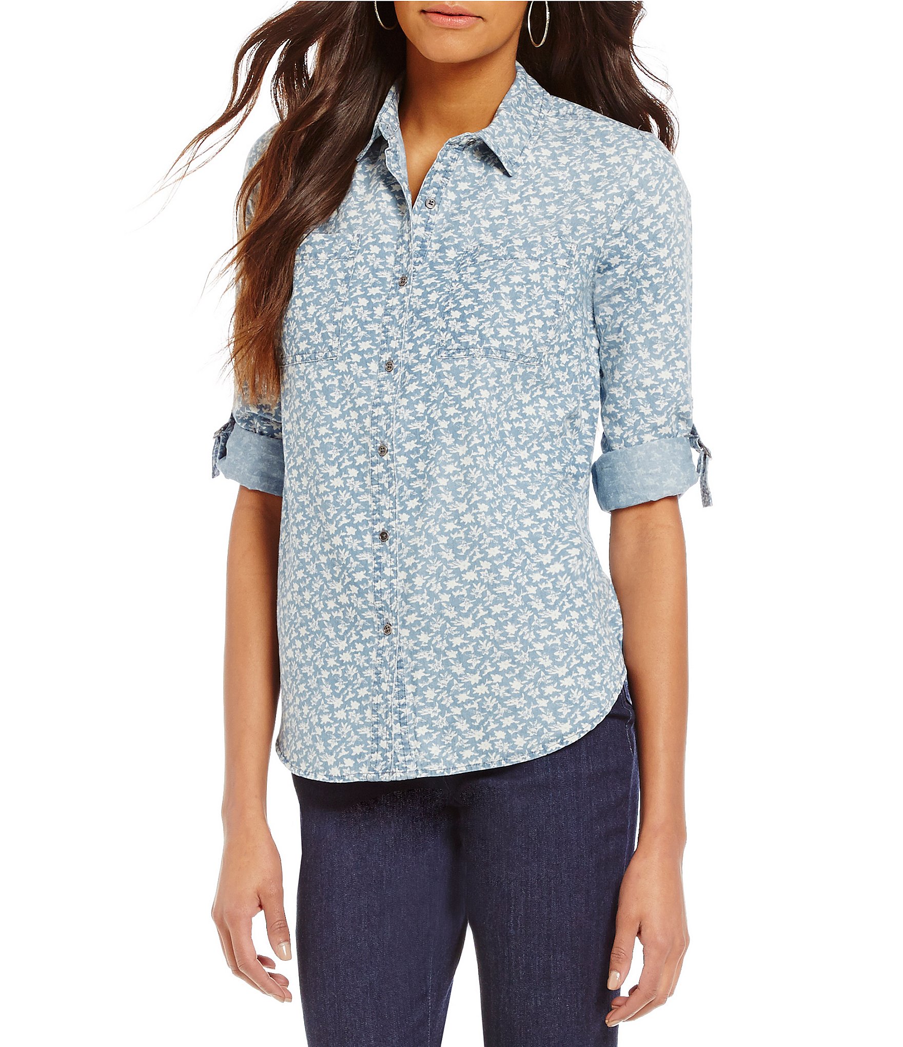 Roll Tab Sleeve Printed Button Detail Blouse Roll Tab Sleeve Printed Button Detail Blouse