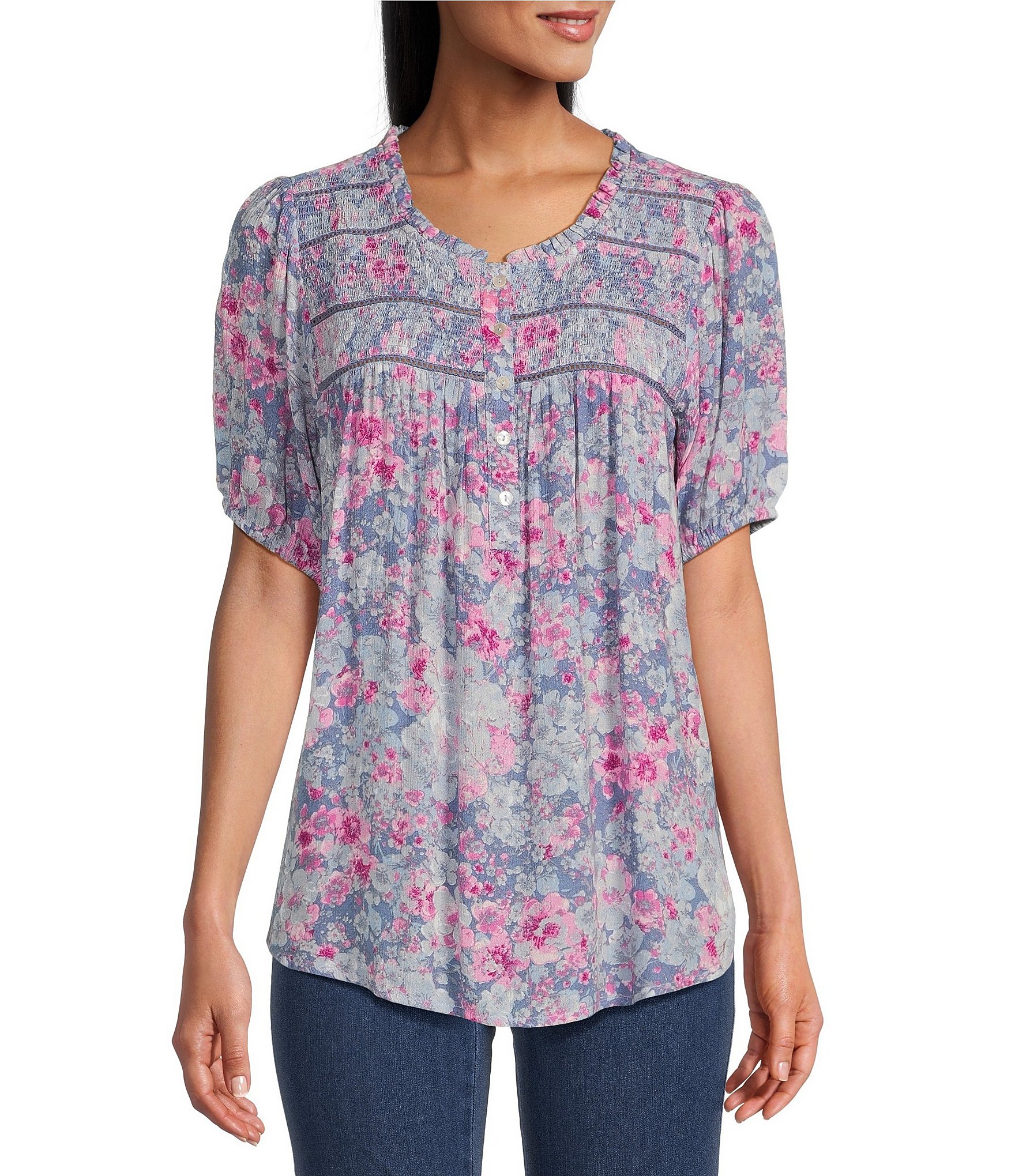 Ruffle-Trim Smocked Floral Top