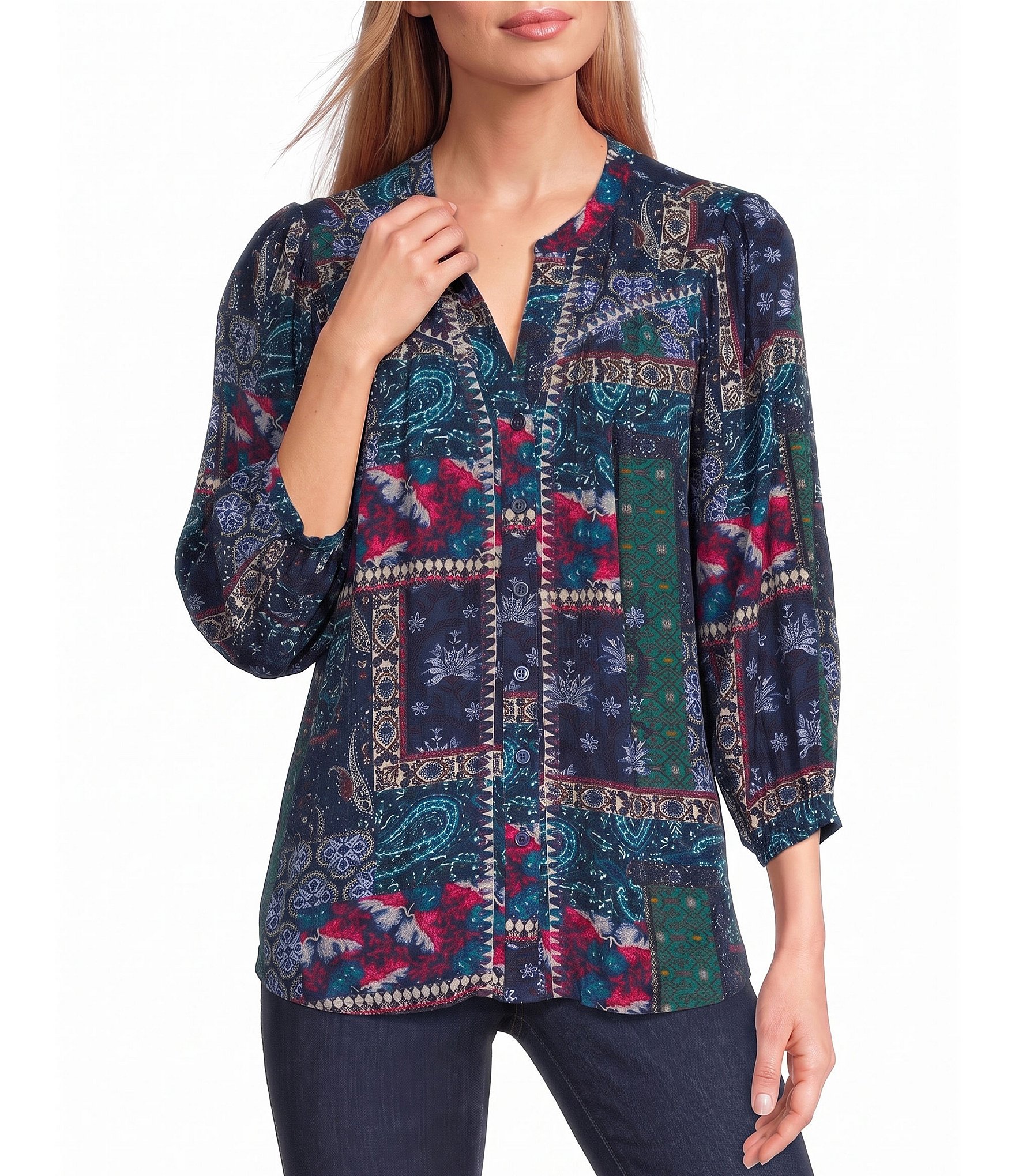 Intro Woven Insignia Blue Embroidered Y-Neck 3/4 Cuffed Sleeve Button Front Shirt