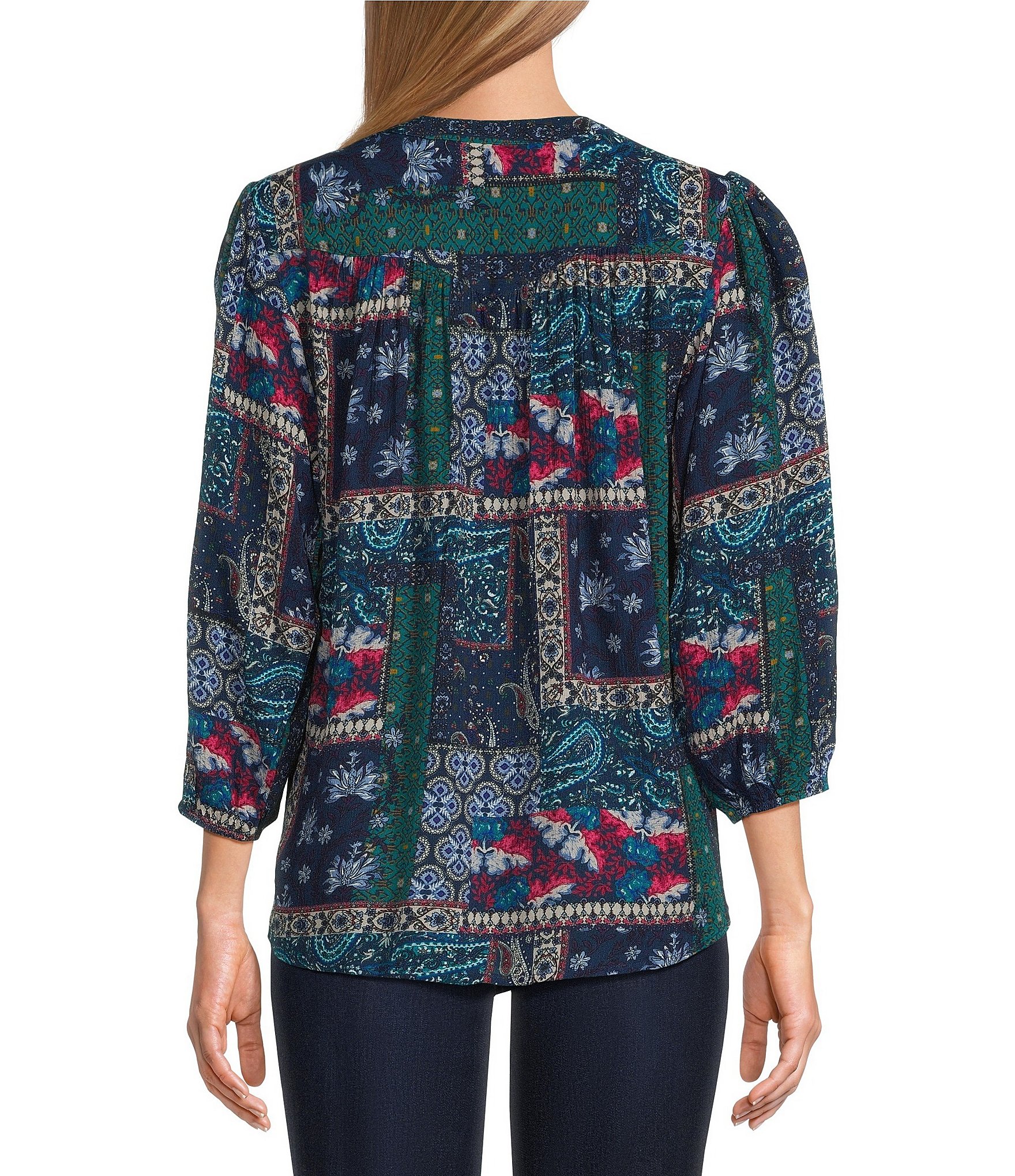 Intro Woven Insignia Blue Embroidered Y-Neck 3/4 Cuffed Sleeve Button Front Shirt