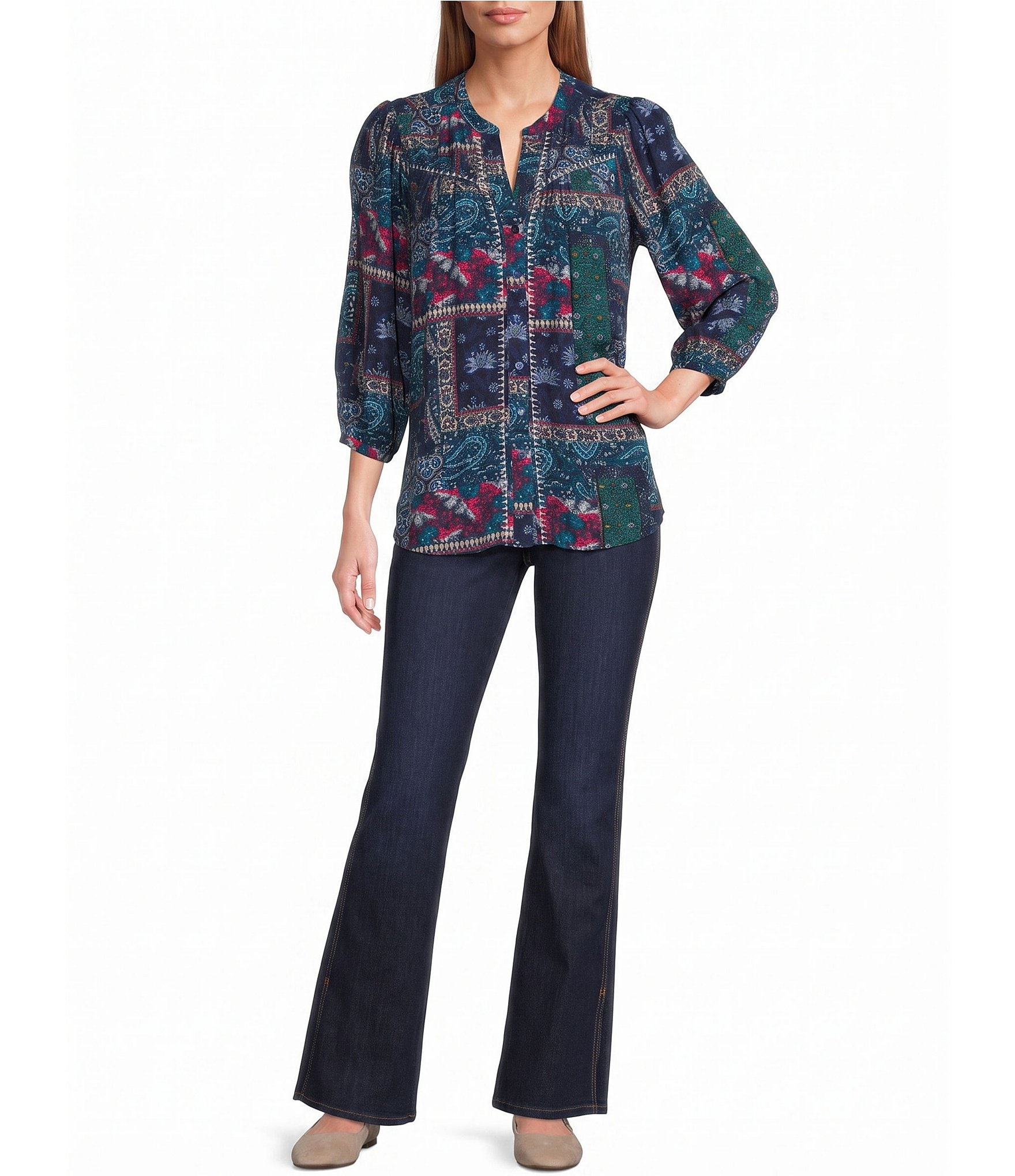Intro Woven Insignia Blue Embroidered Y-Neck 3/4 Cuffed Sleeve Button Front Shirt