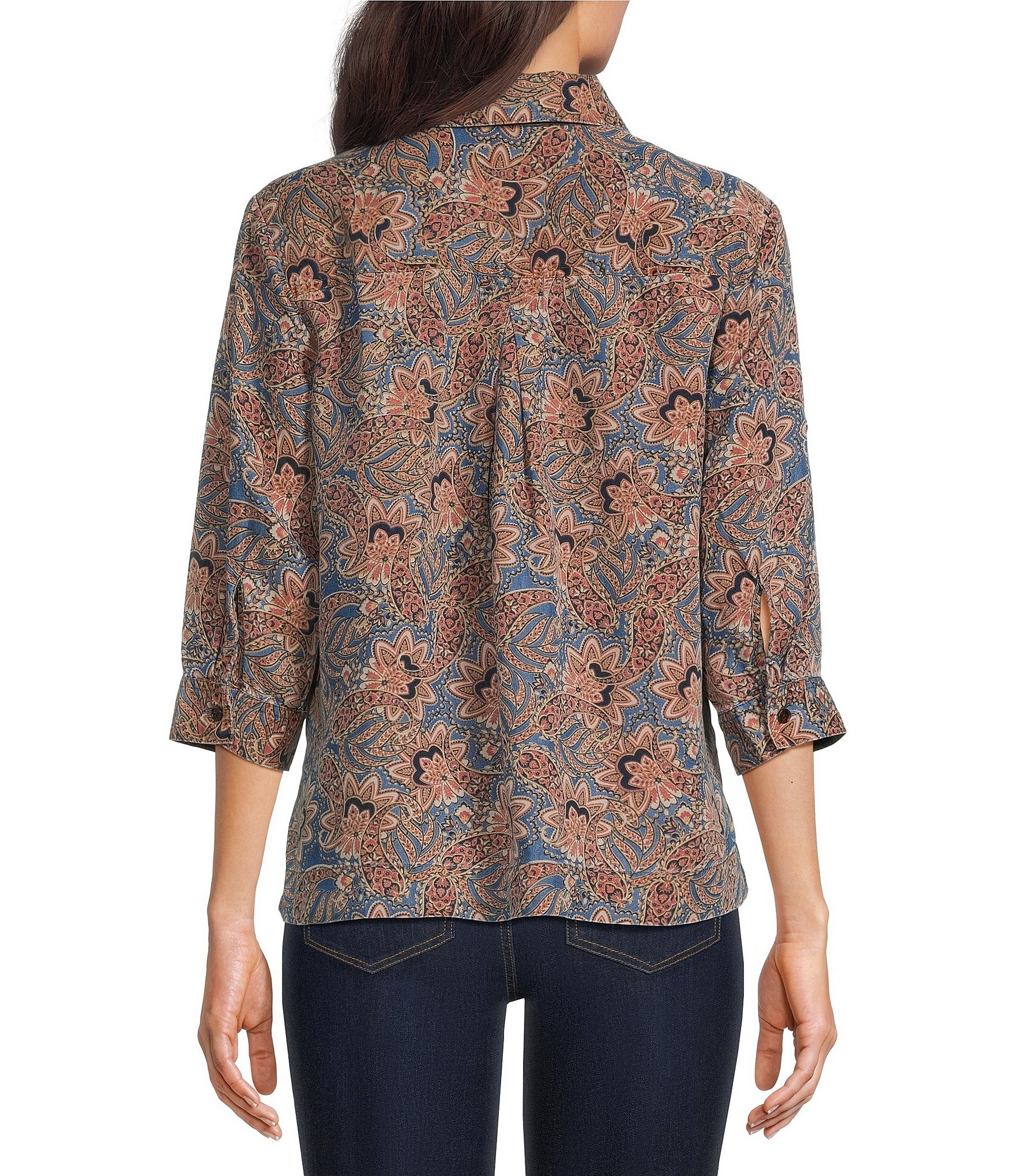Intro Jacobean Print Lyocell 3/4 Roll-Tab Sleeve Button Front Top