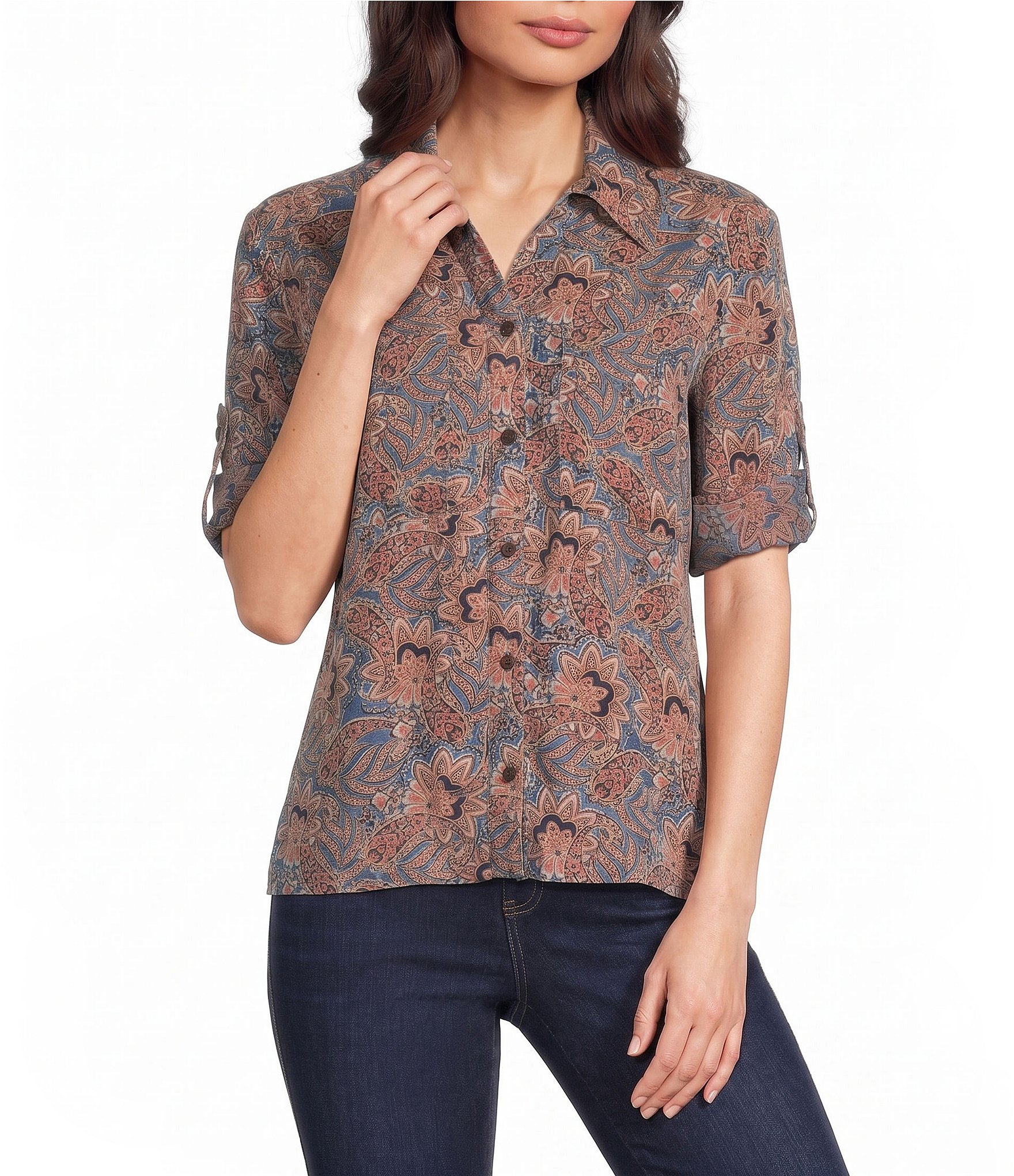 Intro Jacobean Print Lyocell 3/4 Roll-Tab Sleeve Button Front Top