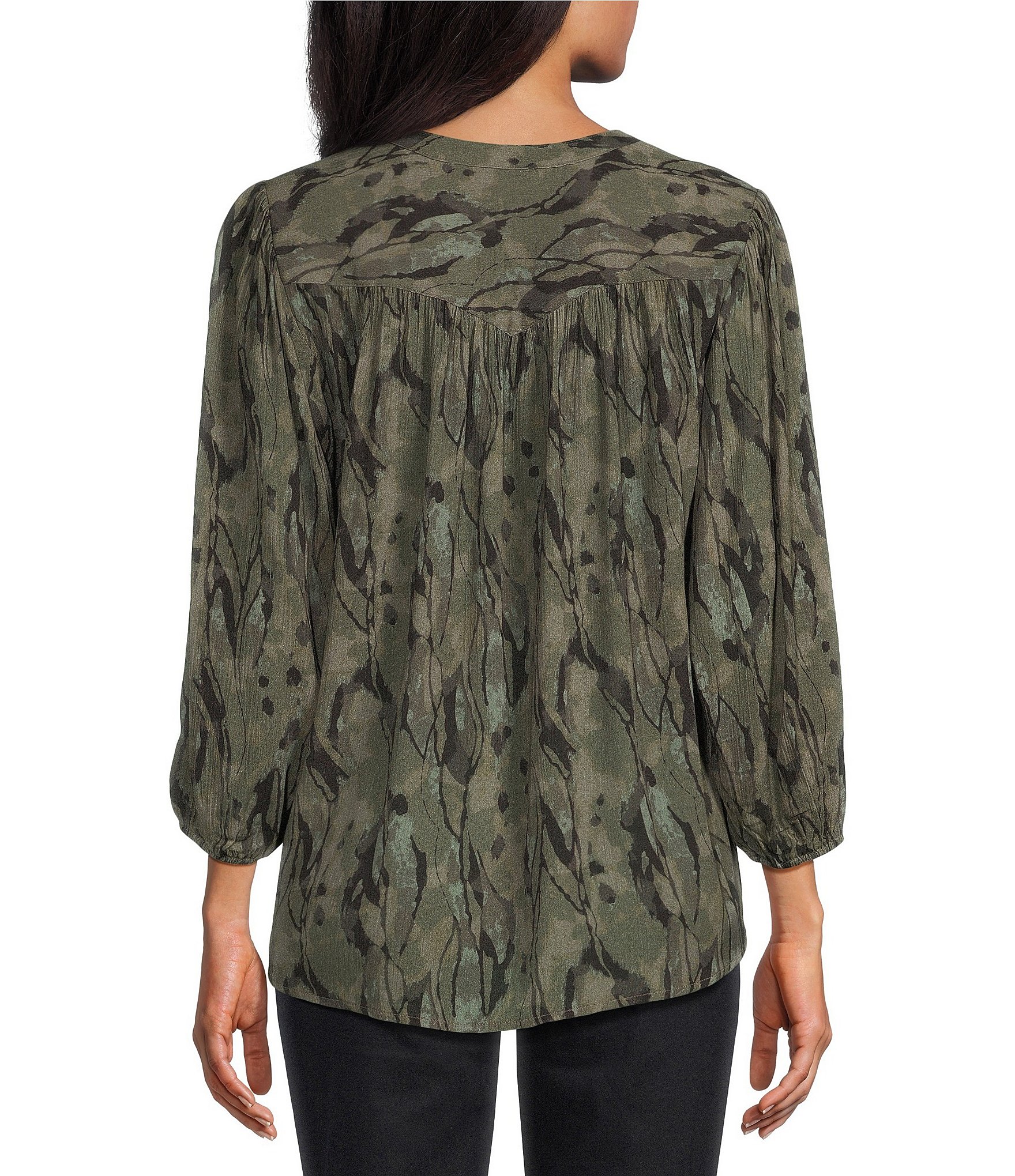 Intro Woven Olive Sprig Embroidered Y-Neck 3/4 Cuffed Sleeve Button Front Shirt