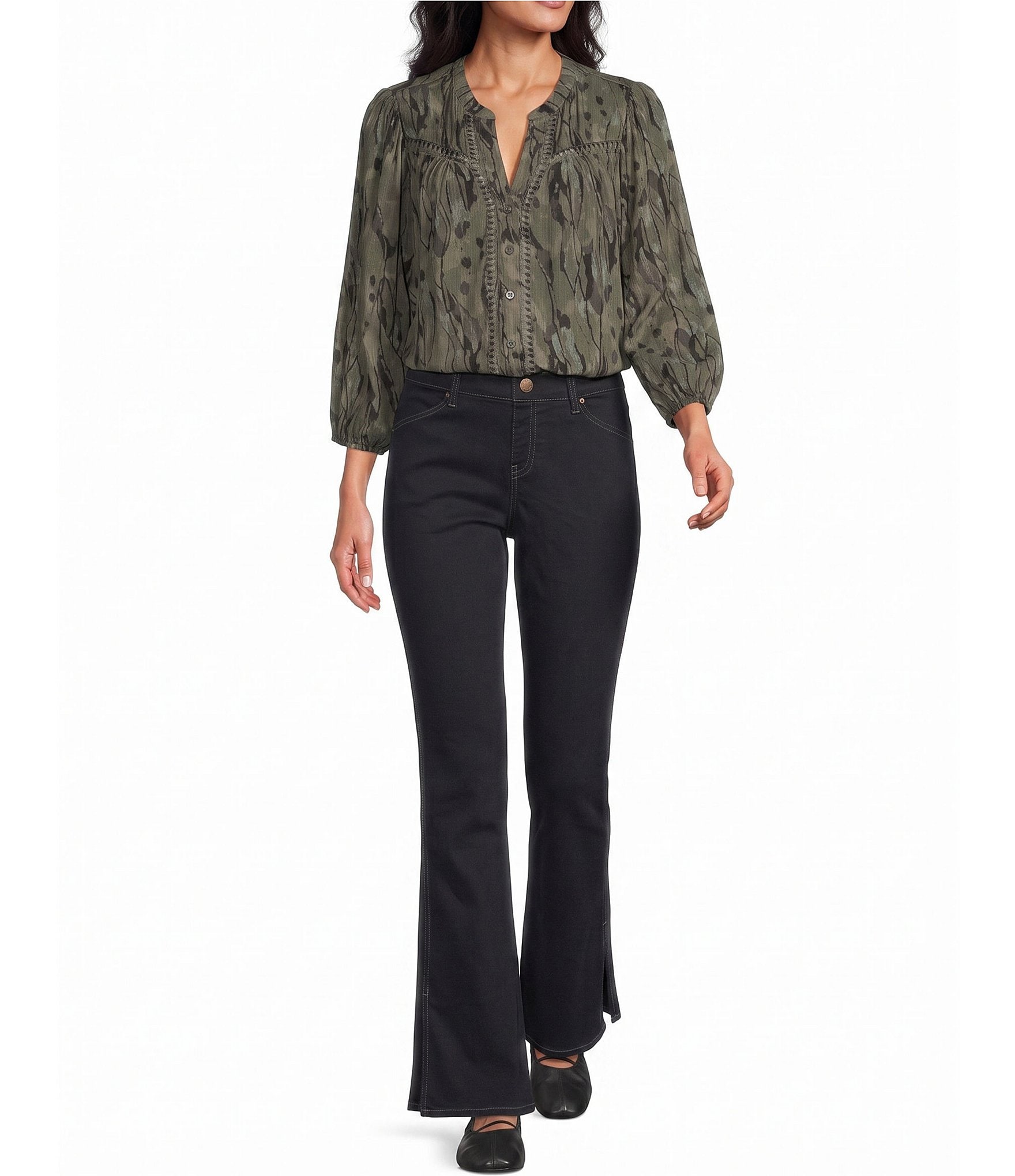 Intro Woven Olive Sprig Embroidered Y-Neck 3/4 Cuffed Sleeve Button Front Shirt