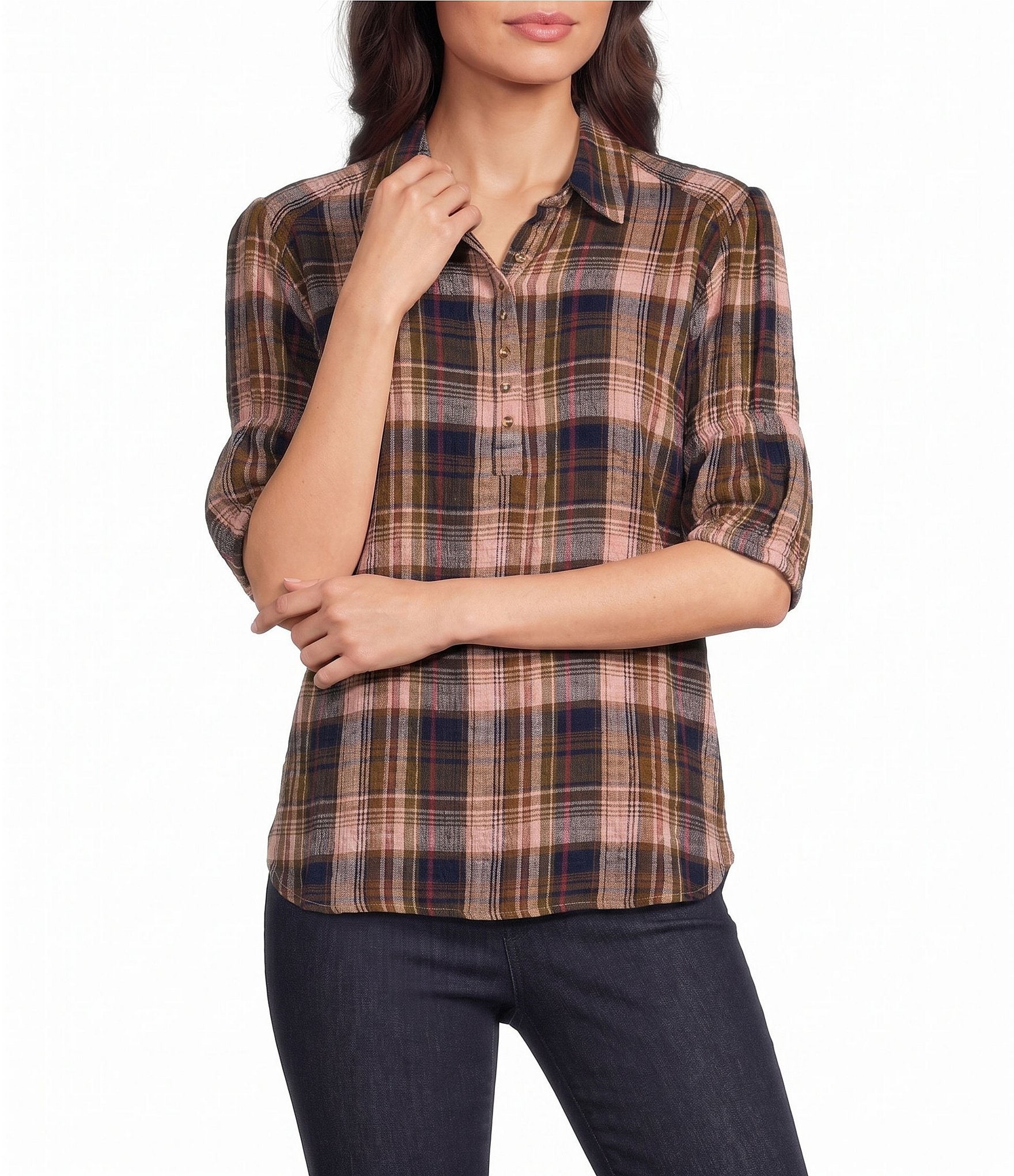 Intro Woven Plaid Point Collar Double Puff Elbow Length Sleeve Front Button Placket Shirt