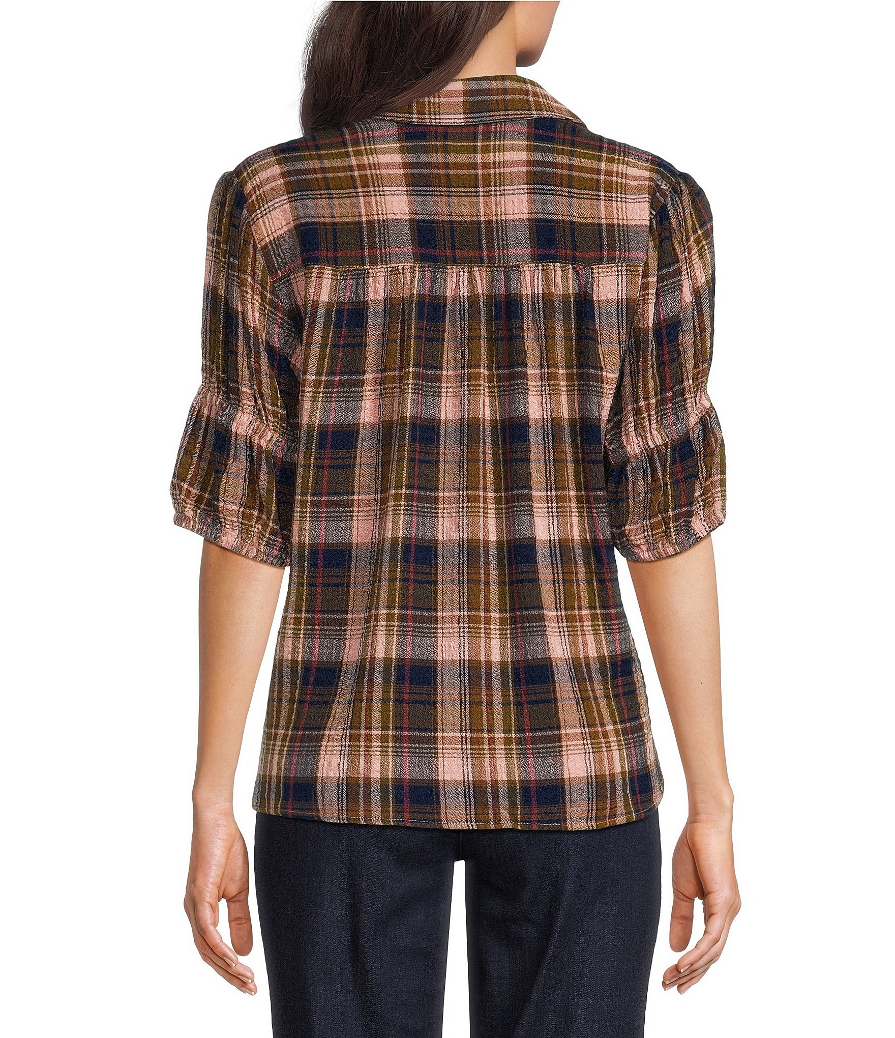 Intro Woven Plaid Point Collar Double Puff Elbow Length Sleeve Front Button Placket Shirt