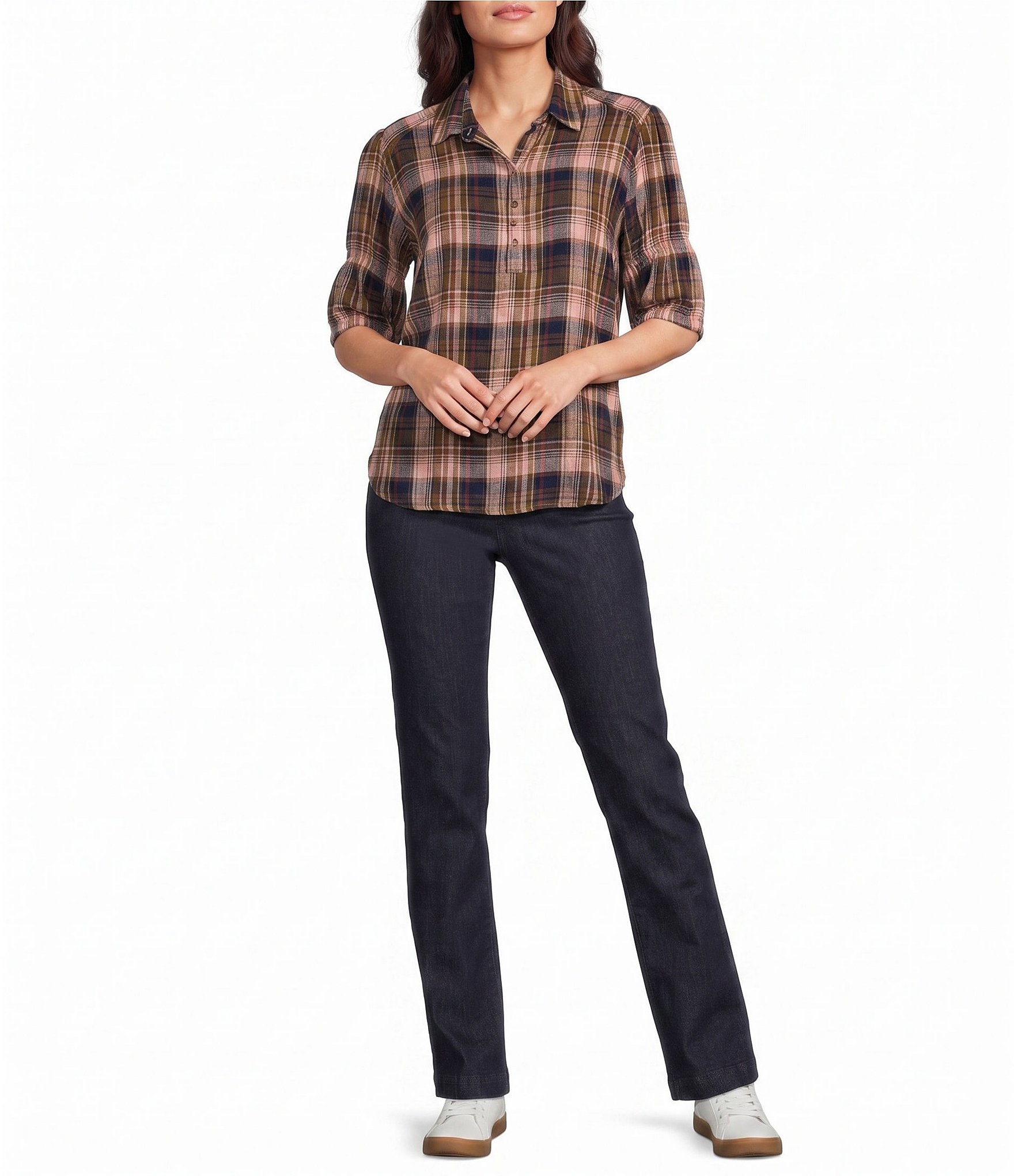 Intro Woven Plaid Point Collar Double Puff Elbow Length Sleeve Front Button Placket Shirt