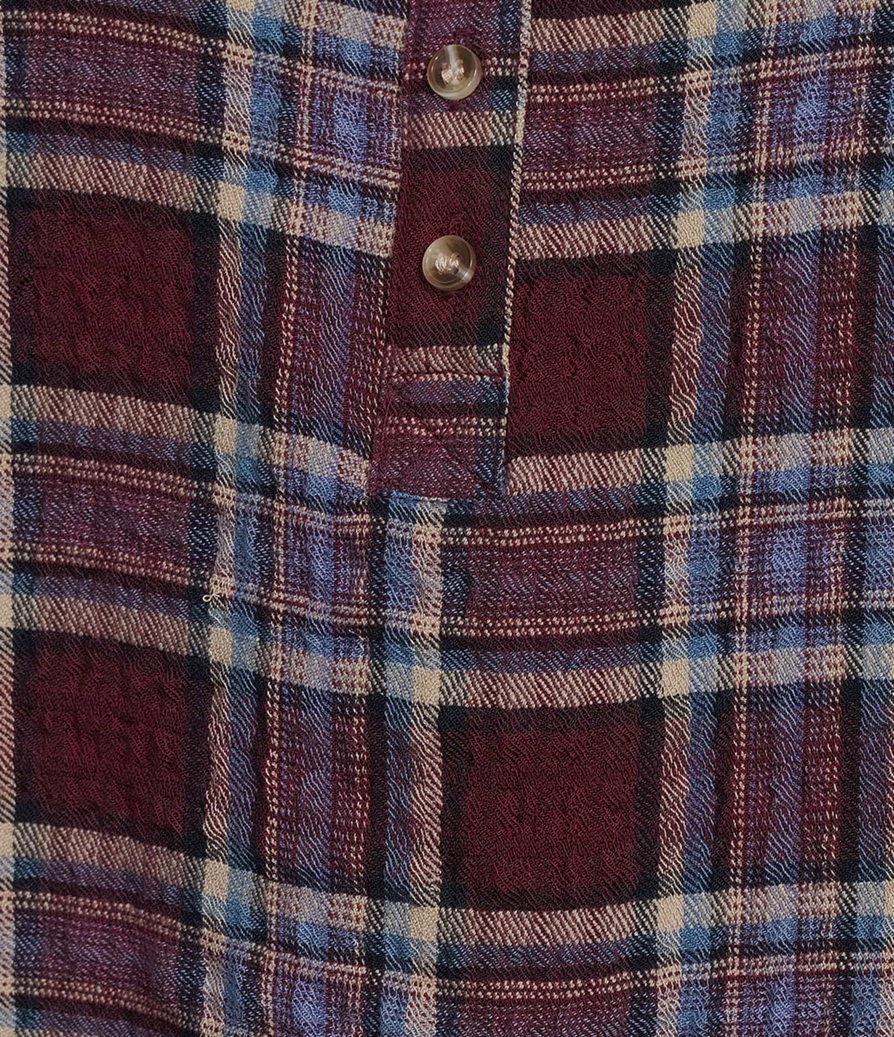 Intro Woven Plaid Point Collar Double Puff Elbow Length Sleeve Front Button Placket Shirt