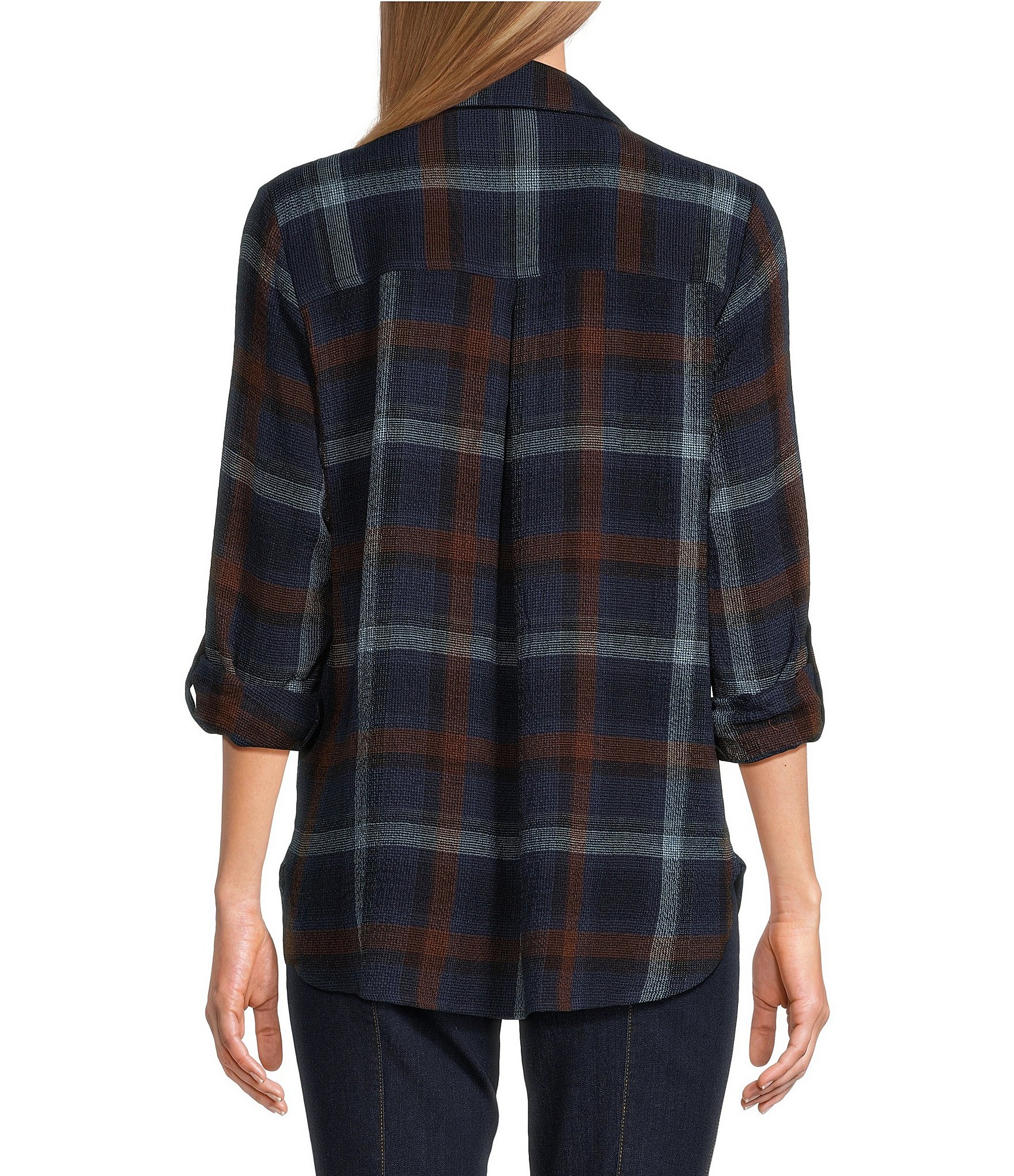 Intro Woven Plaid Print Point Collar 3/4 Roll-Tab Sleeve Button Front Shirt