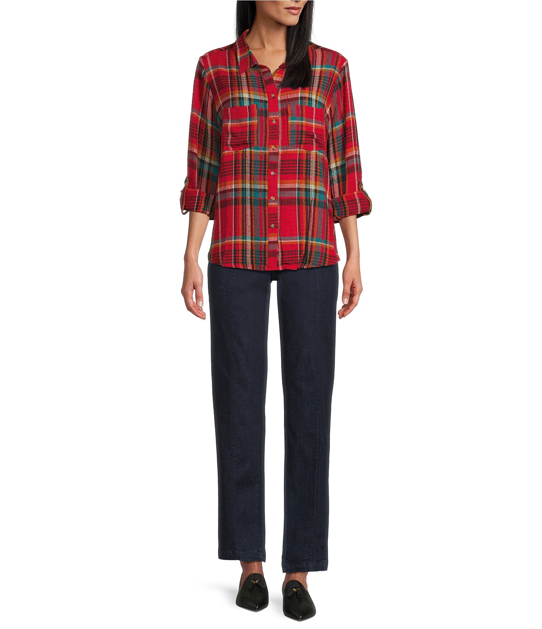 Intro Woven Pucker Plaid New Red Admore Point Collar 3/4 Rolled-Tab Sleeve Button Front Shirt