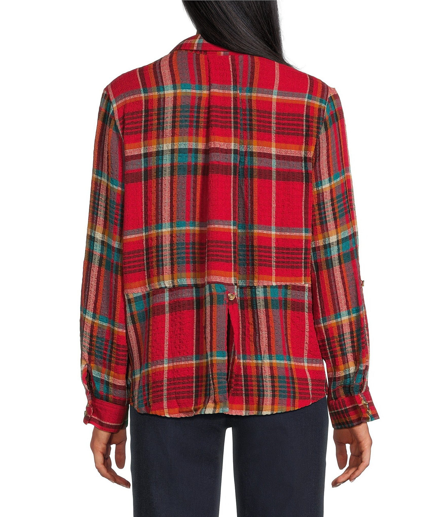 Intro Woven Pucker Plaid New Red Admore Point Collar 3/4 Rolled-Tab Sleeve Button Front Shirt