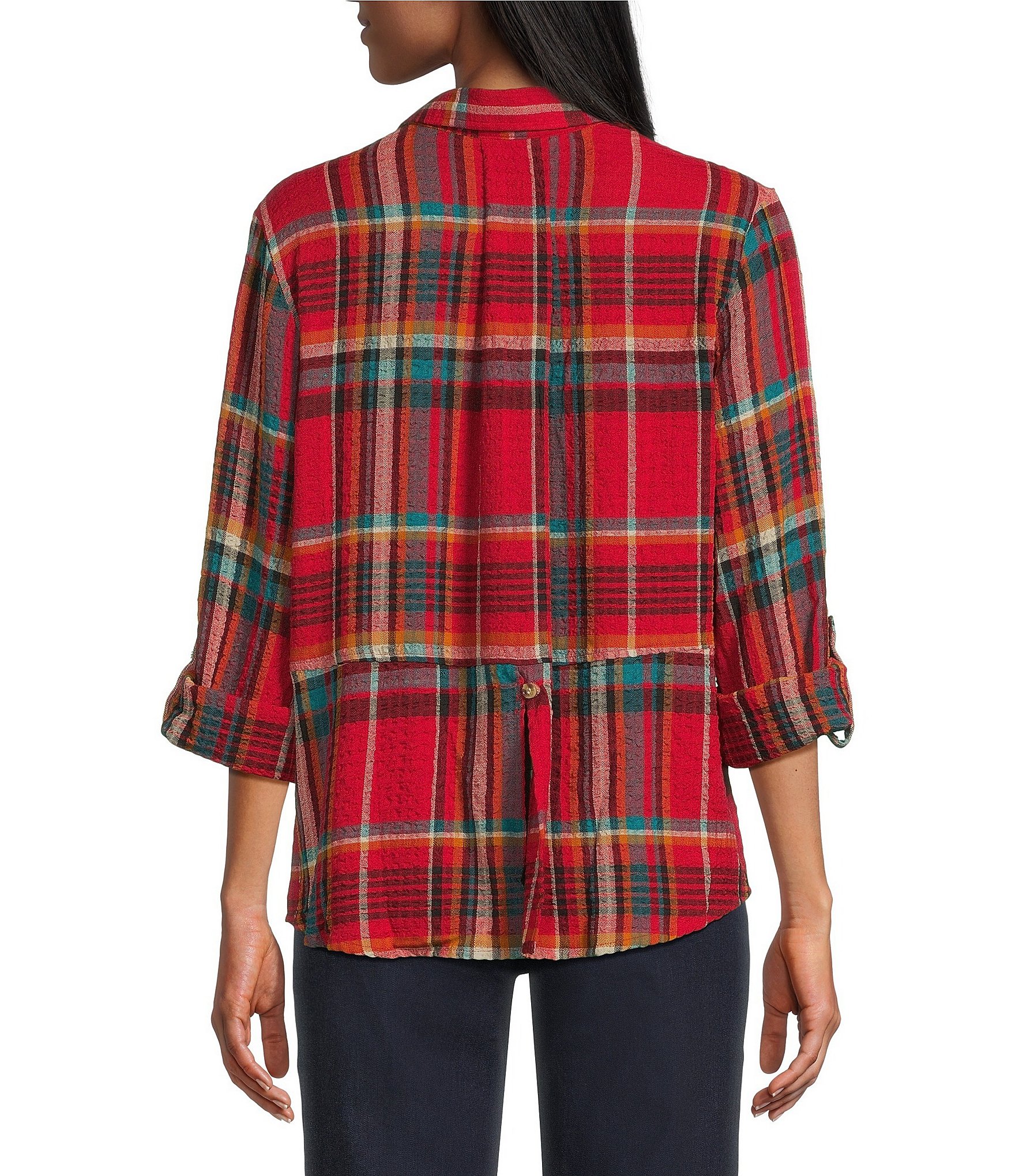 Intro Woven Pucker Plaid New Red Admore Point Collar 3/4 Rolled-Tab Sleeve Button Front Shirt