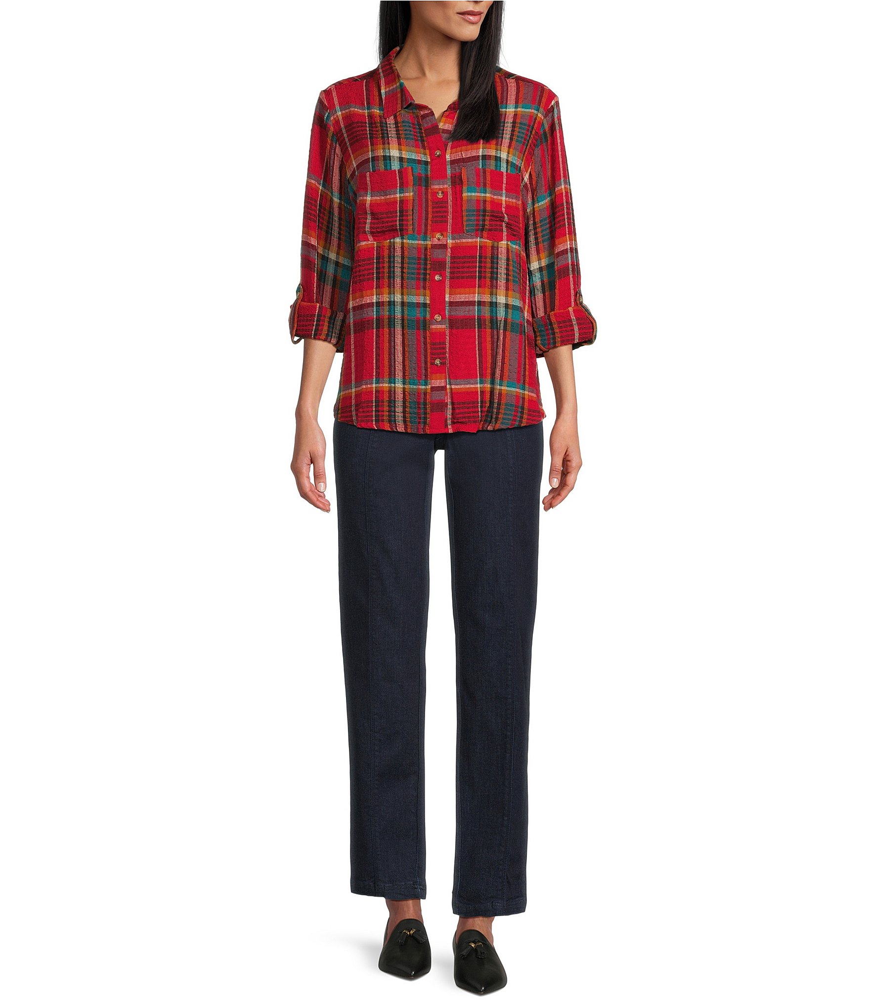 Intro Woven Pucker Plaid New Red Admore Point Collar 3/4 Rolled-Tab Sleeve Button Front Shirt