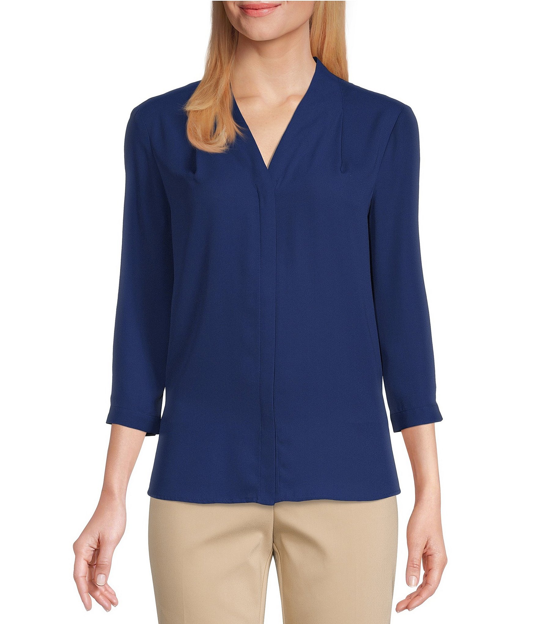 Investments Caroline Signature V-Neck 3/4 Sleeve Button Front Top ...