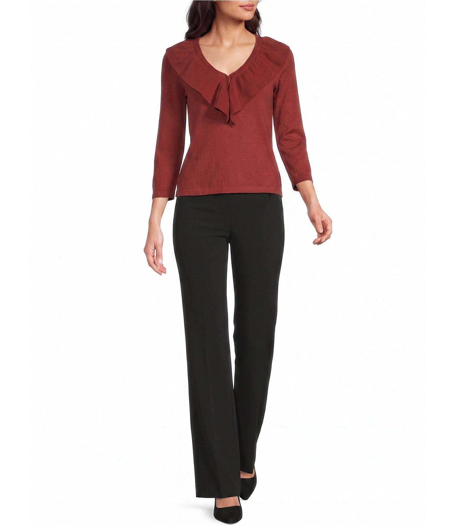 Investments 3/4 Sleeve Ruffle V-Neck Pullover Sweater
