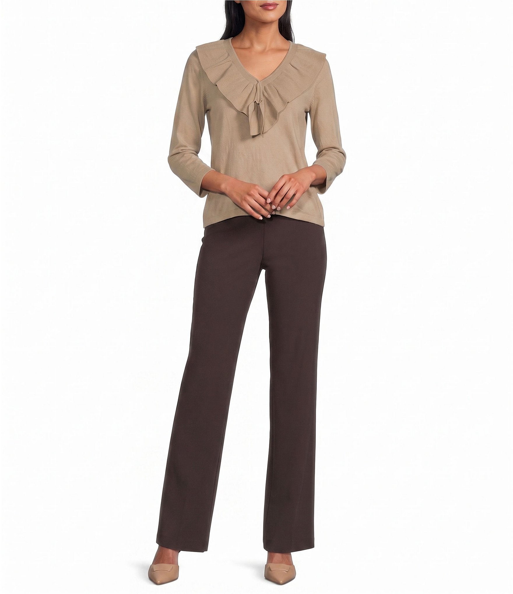 Investments 3/4 Sleeve Ruffle V-Neck Pullover Sweater