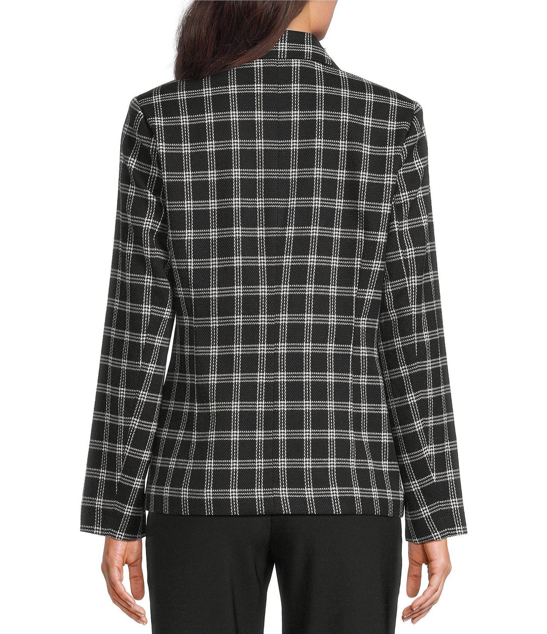 Investments Black Plaid Long Sleeve Button Front Blazer