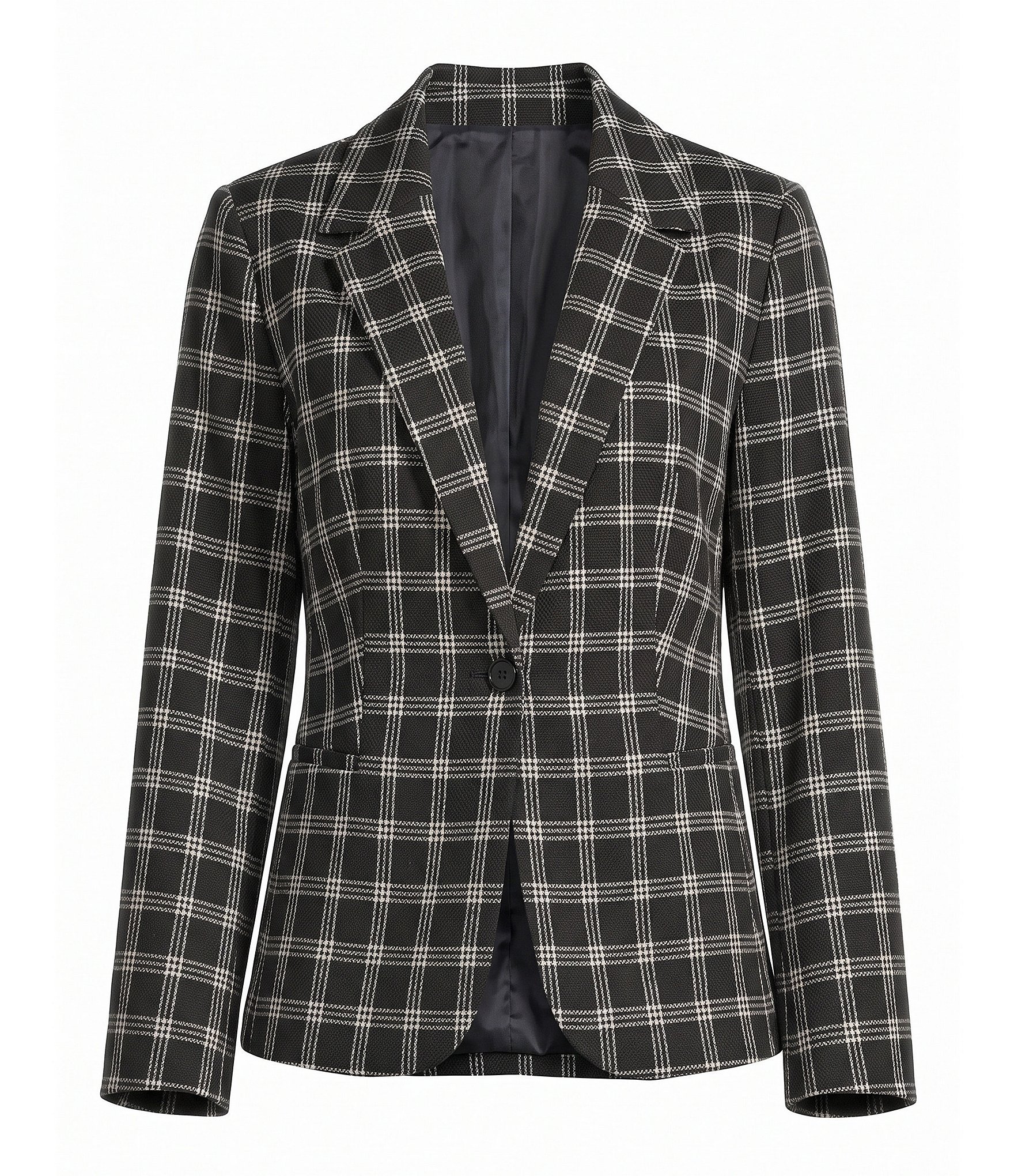 Investments Black Plaid Long Sleeve Button Front Blazer