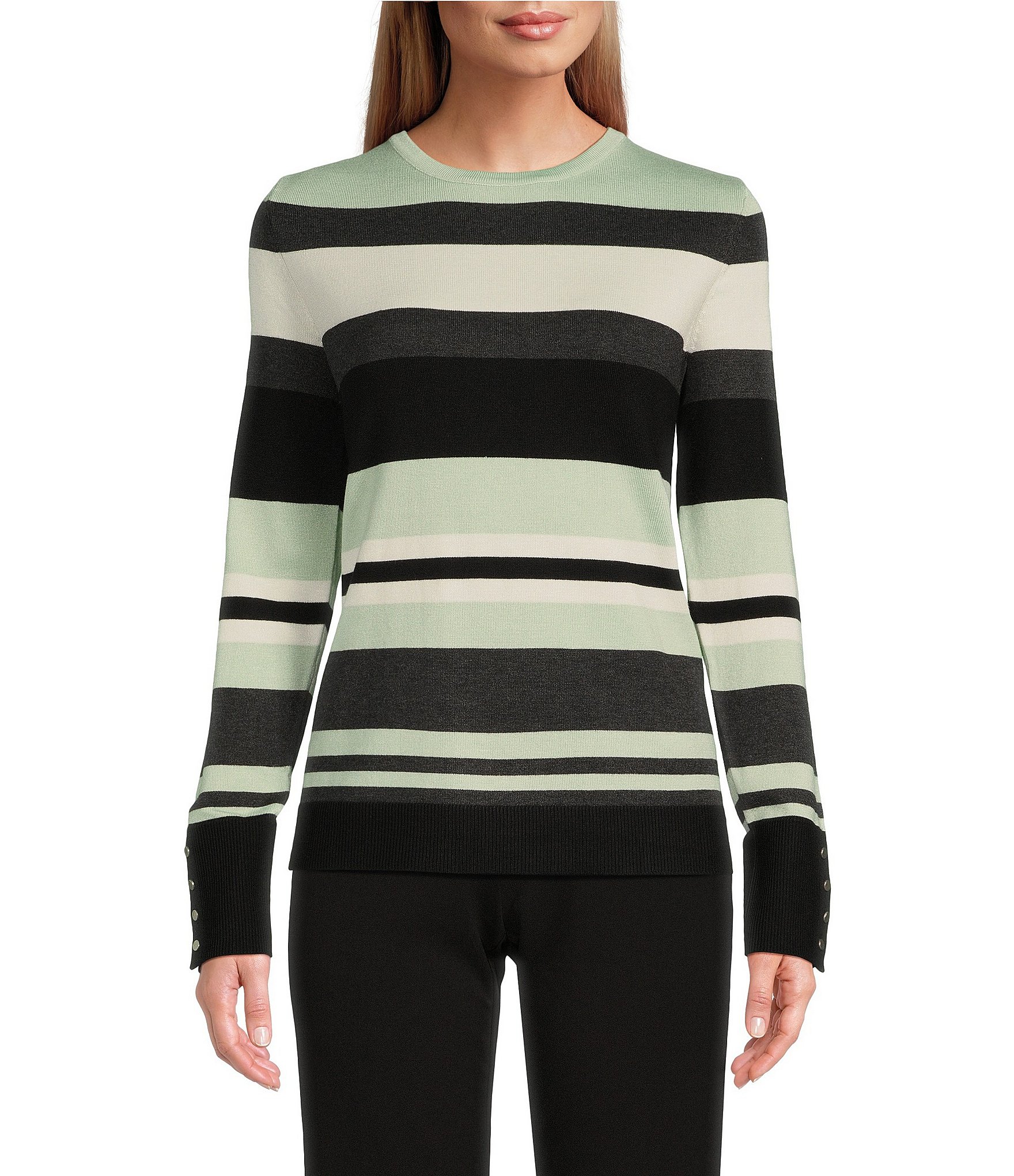 Investments Bold Stripe Crew Neck Long Sleeve Button Cuff Sweater ...