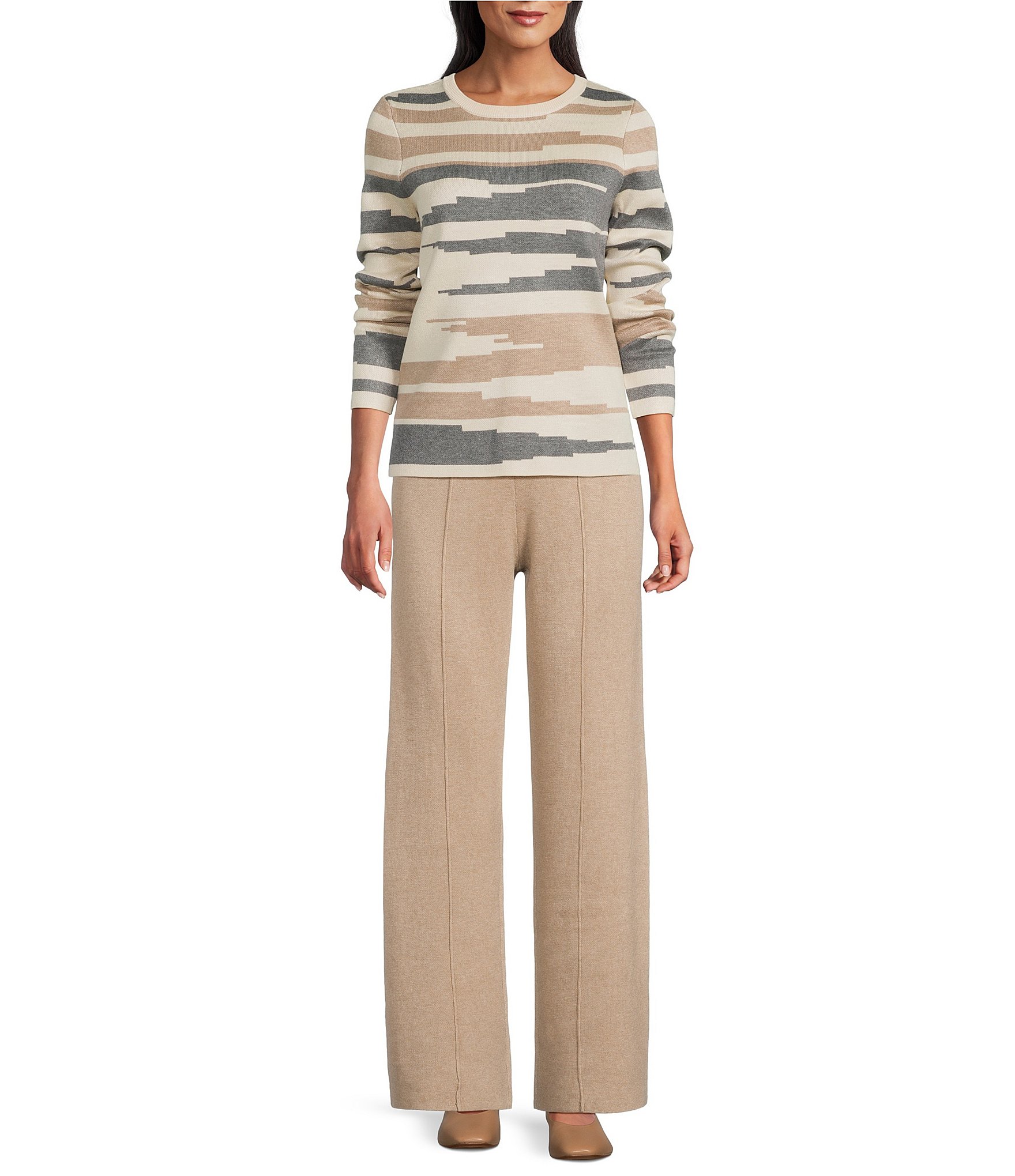 Investments Broken Stripe Long Sleeve Crew Neck Pullover Top